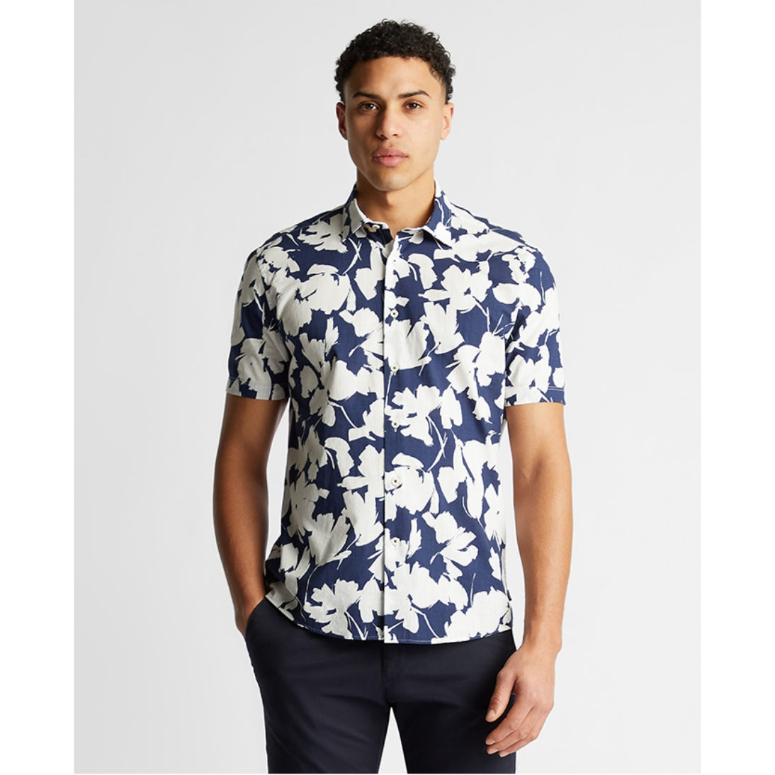 Remus Uomo Tapered Fit Cotton Short Sleeve Floral Print Shirt 13917 Navy and White