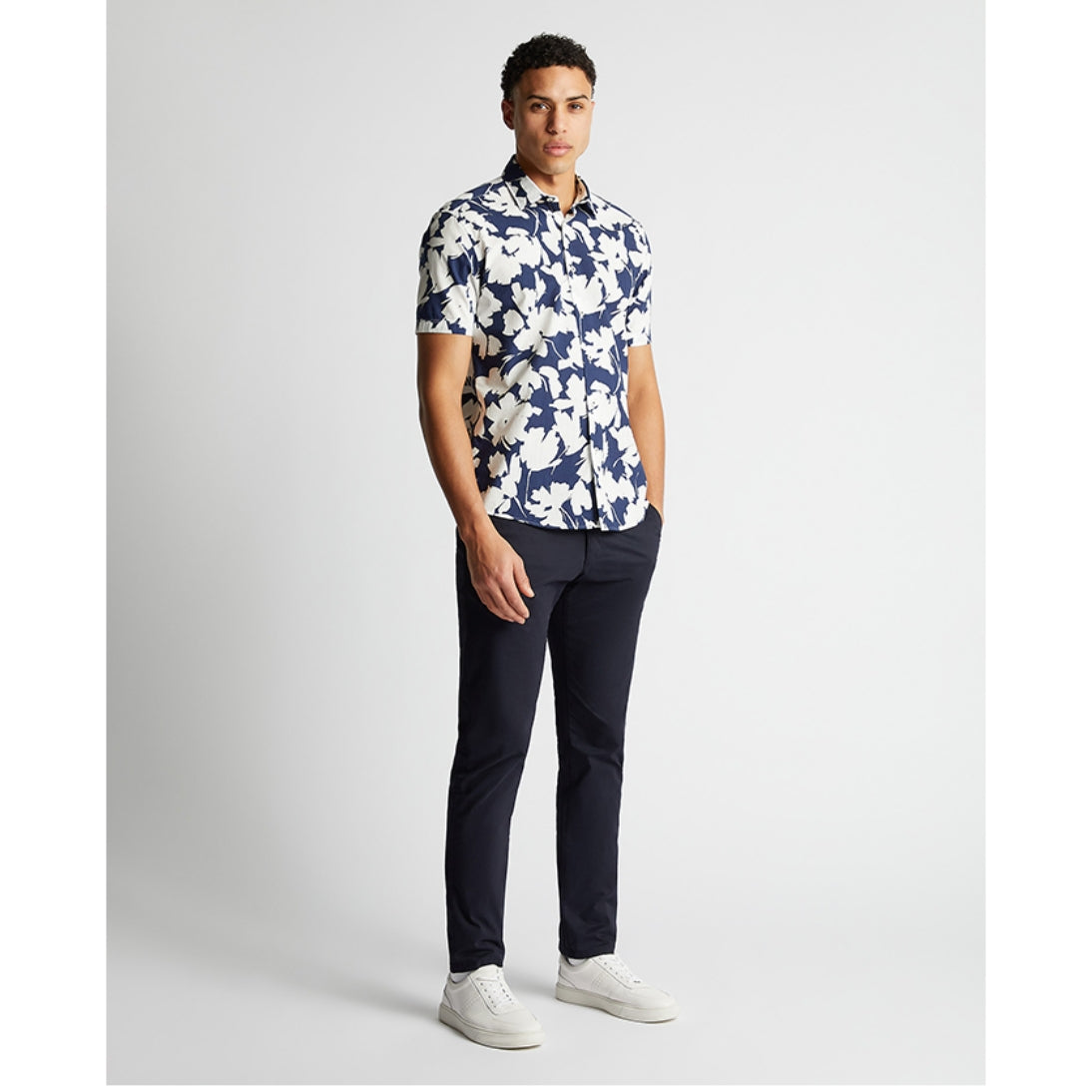 Remus Uomo Tapered Fit Cotton Short Sleeve Floral Print Shirt 13917 Navy and White