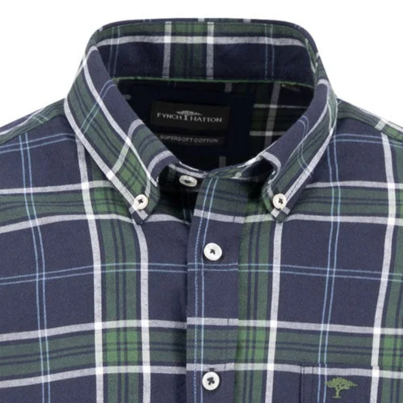 Fynch-Hatton Green-Blue Checked Cotton Shirt – Button-Down Collar