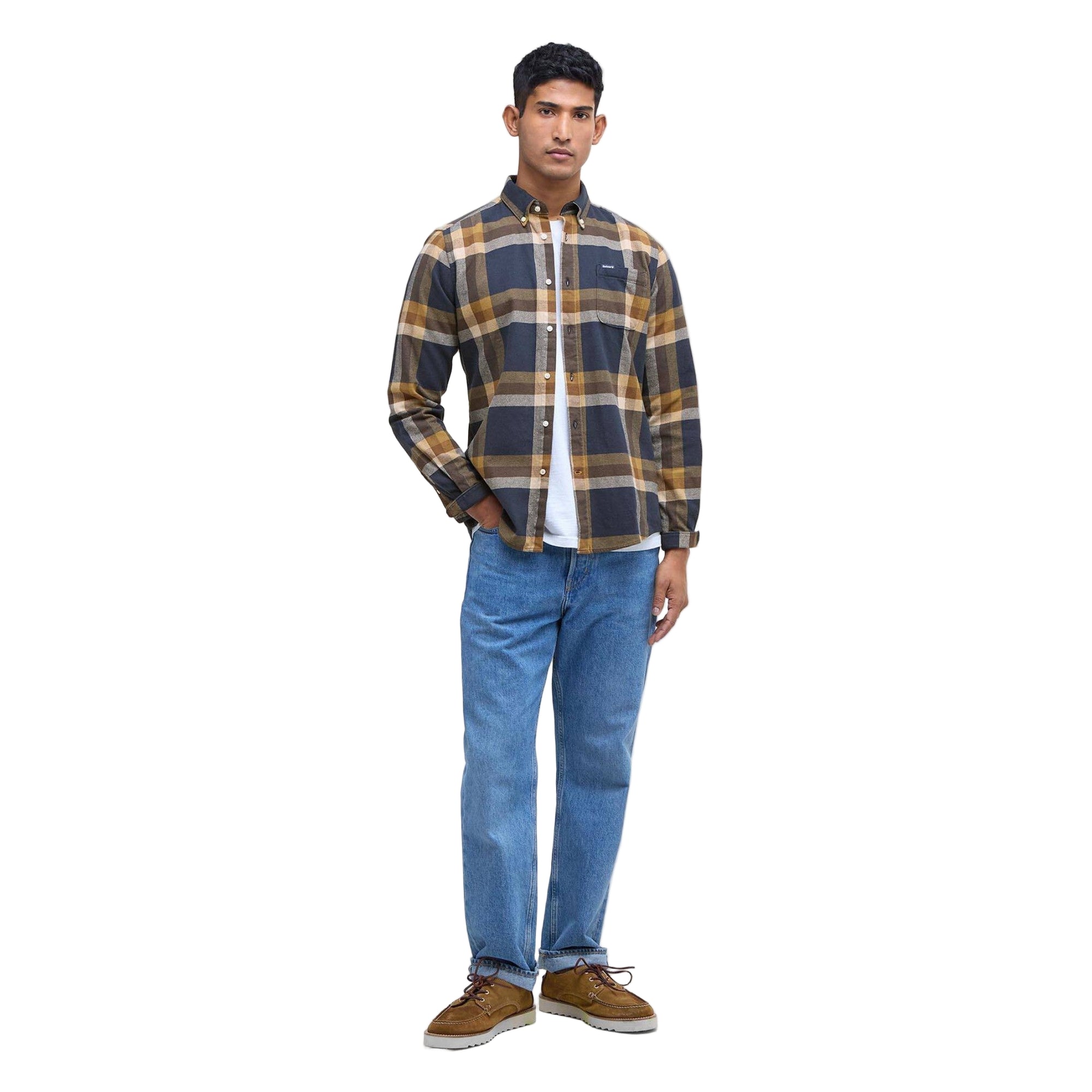 Man wearing a plaid shirt, white t-shirt, blue jeans, and brown shoes on a white background