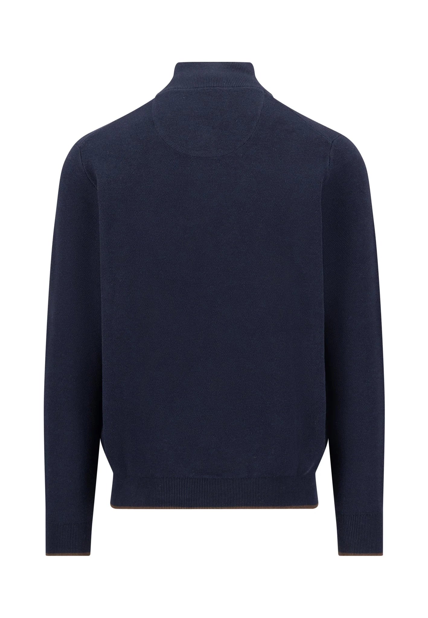 A dark navy blue long-sleeve knit sweater with a mock neck, shown from the back on a plain white background.