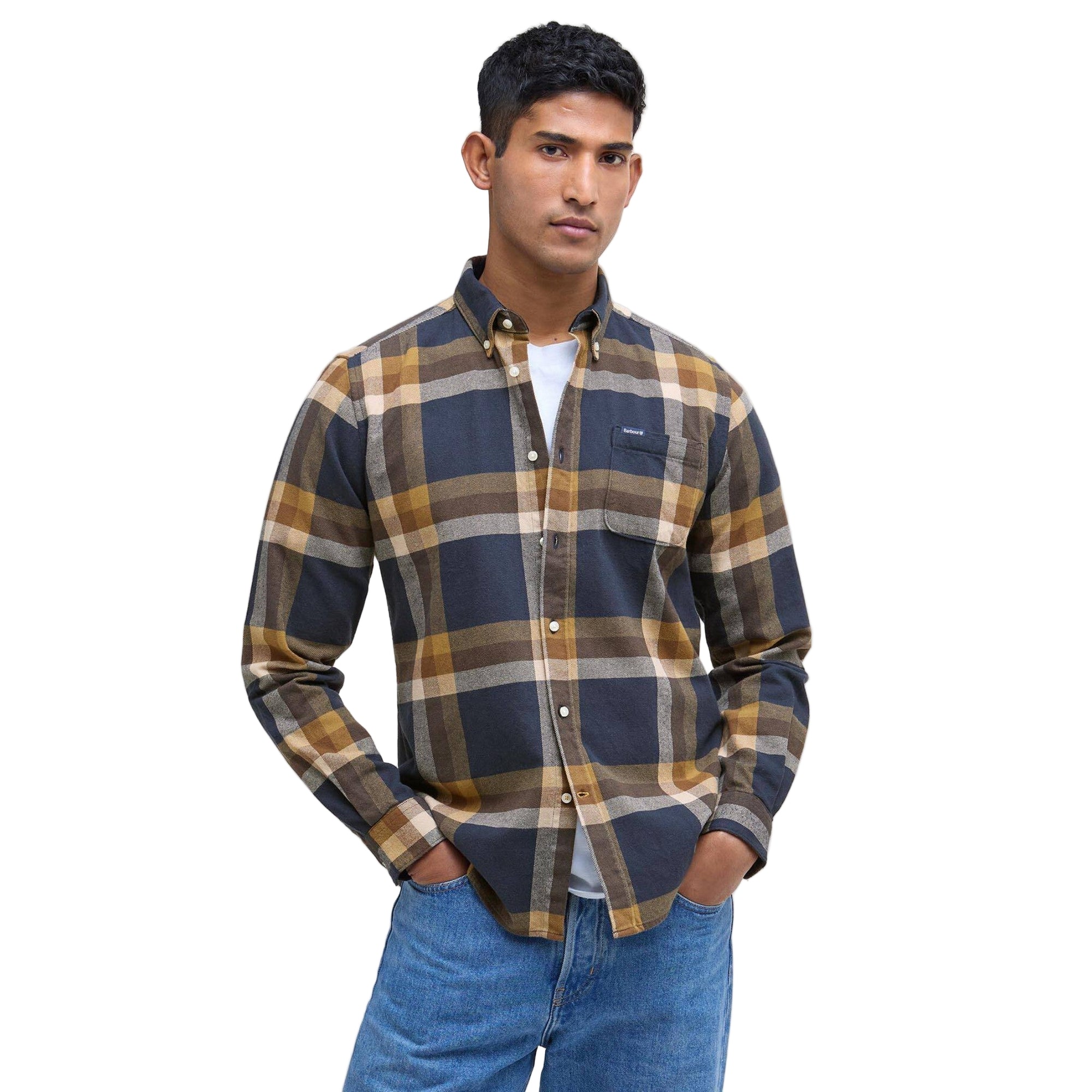 Man wearing a plaid shirt and jeans on a white background