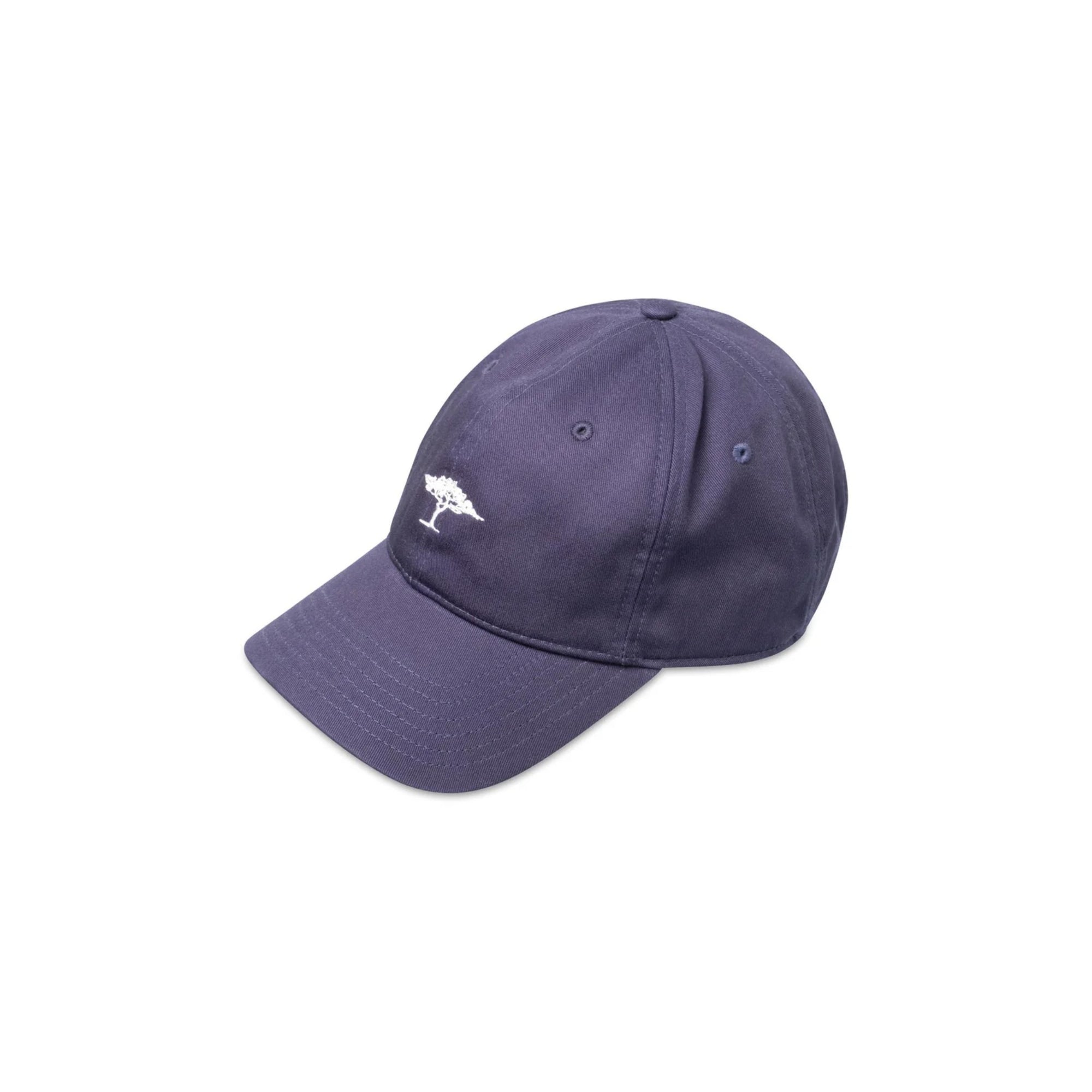 Navy blue cap with a white logo on a white background