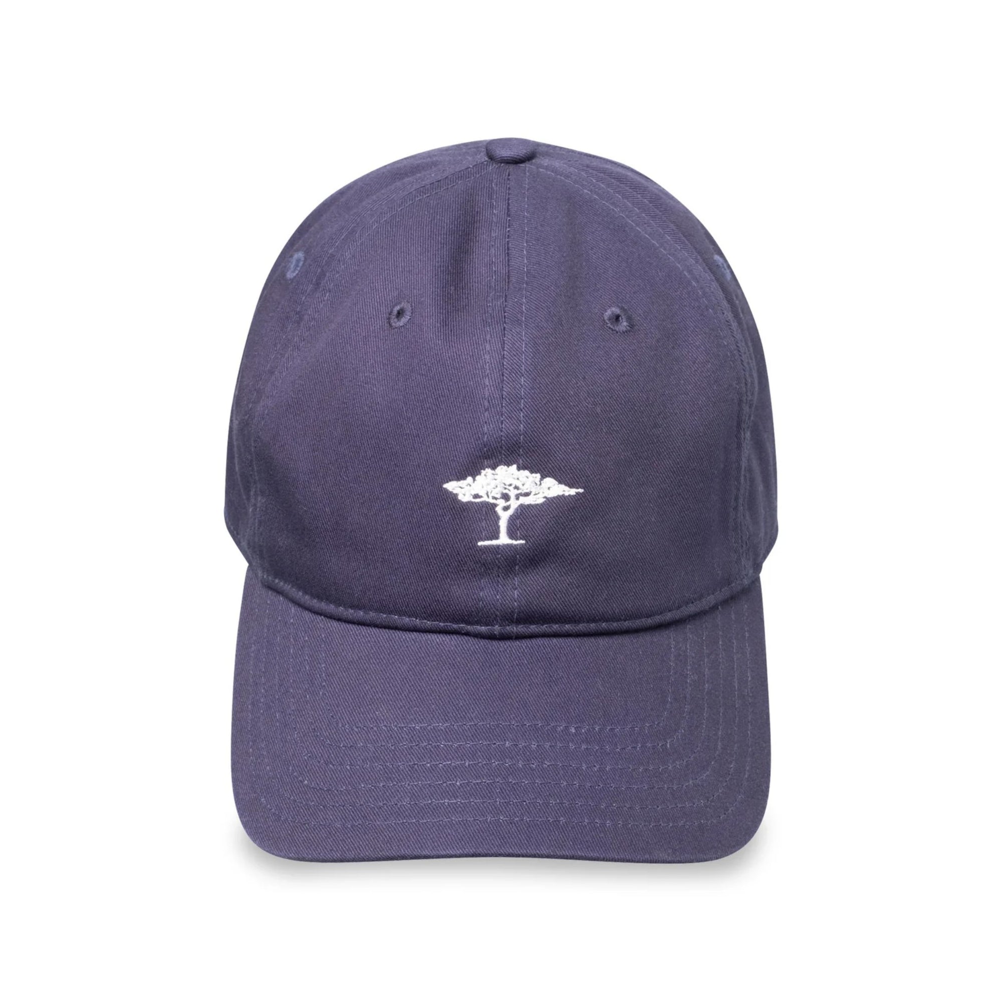 Navy blue cap with a white logo on a white background