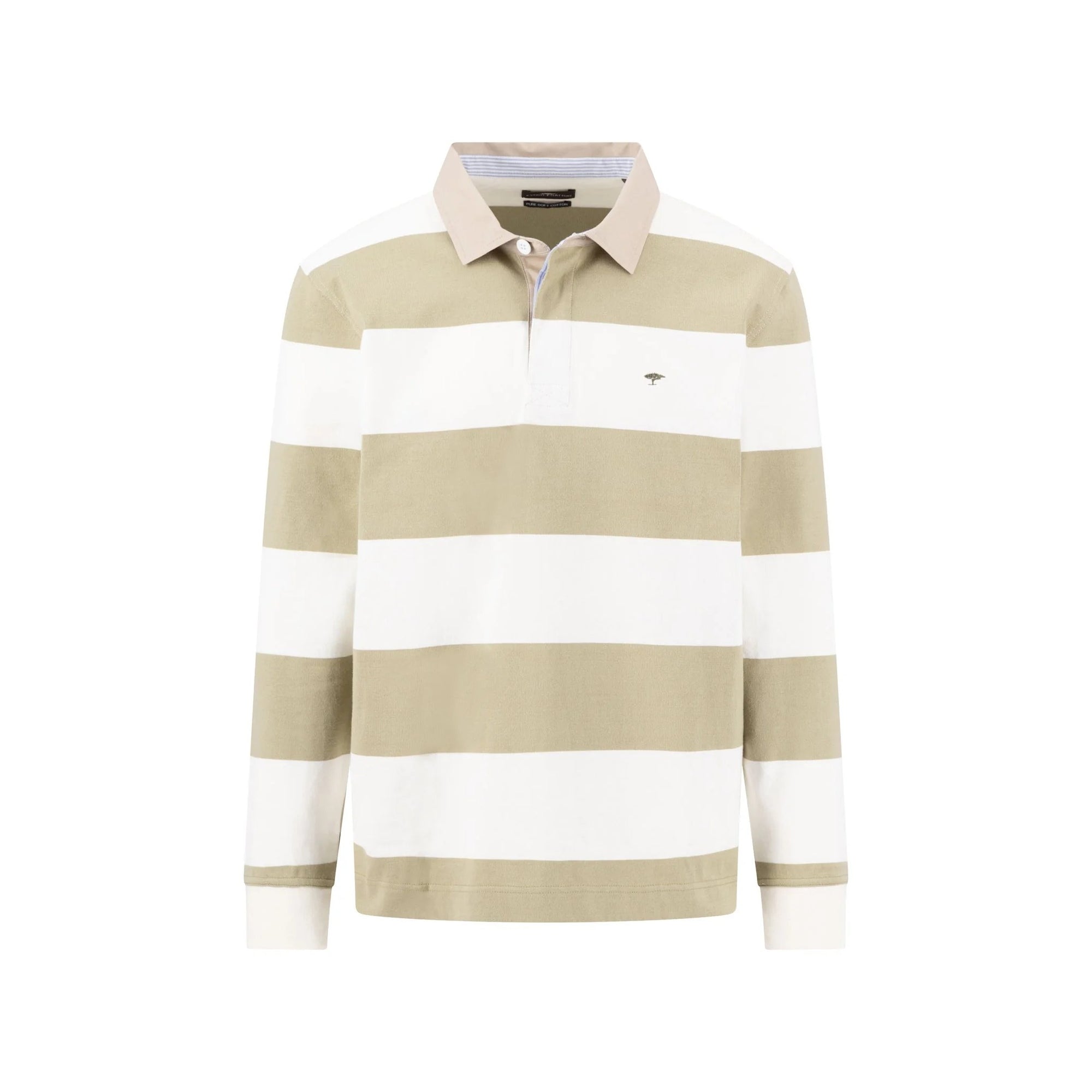 Beige and white striped polo shirt on a white background