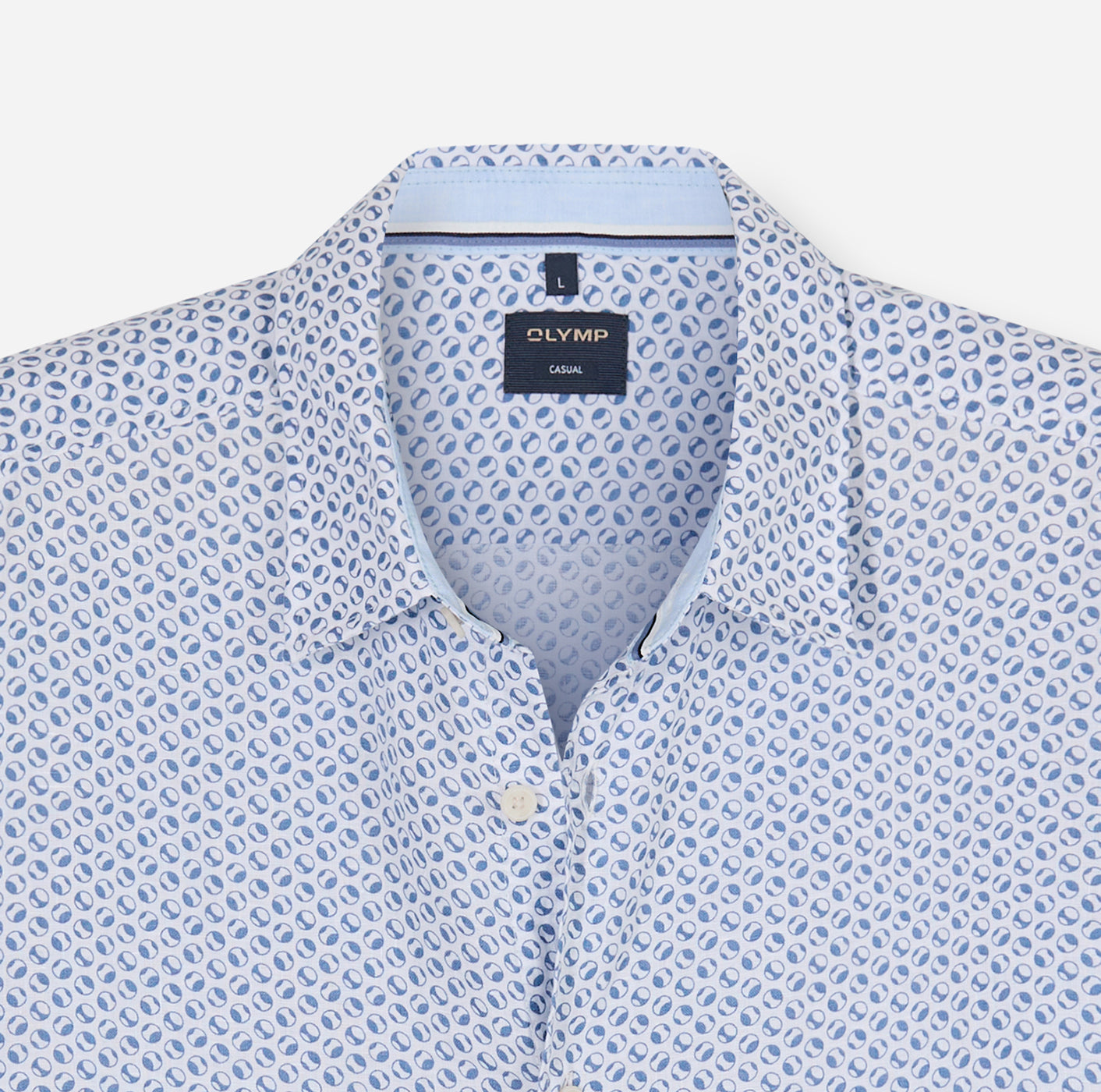 Blue patterned shirt with 'Olymp' label on a white background