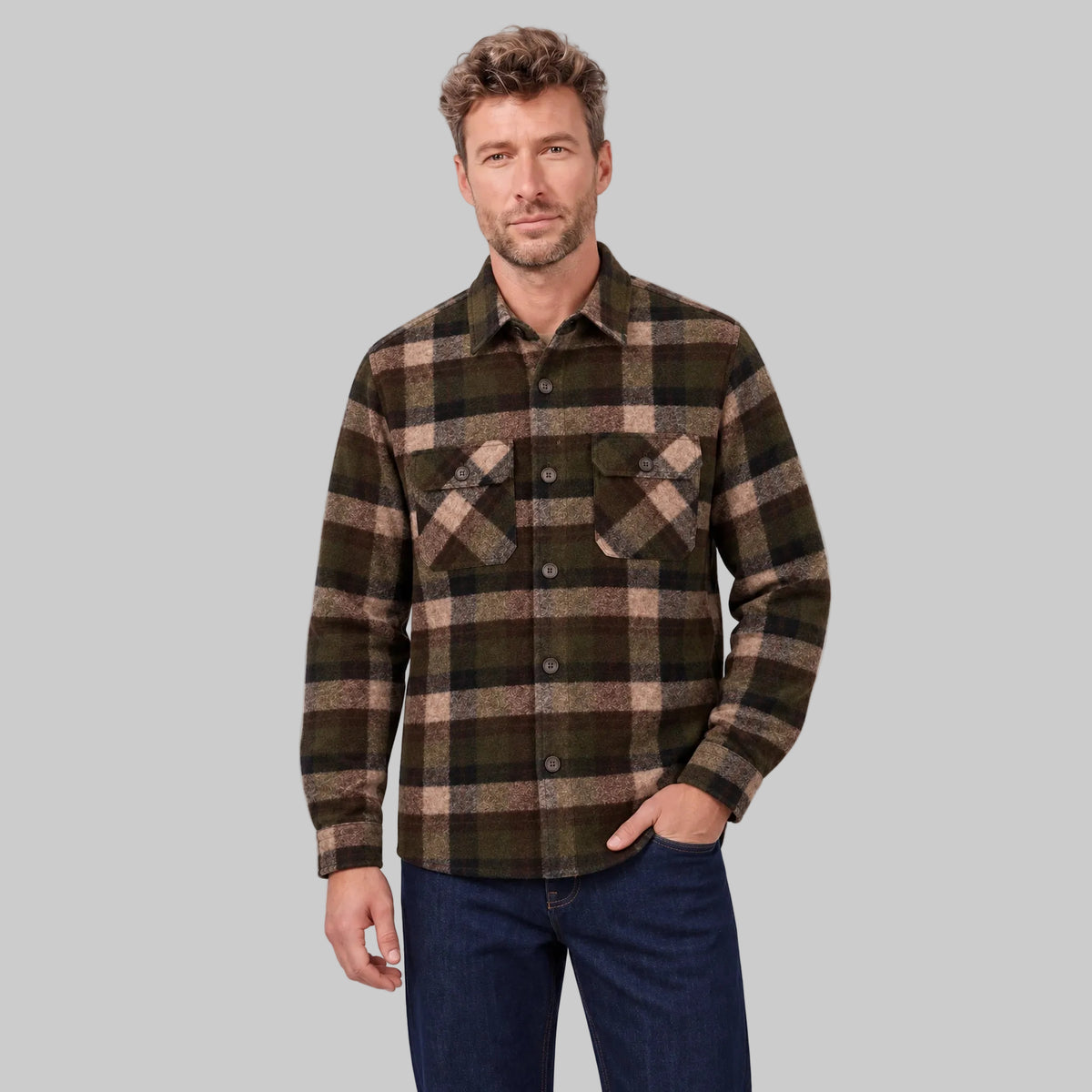 Giordano Taranto Brushed Check Overshirt in Brown &amp; Green 627506