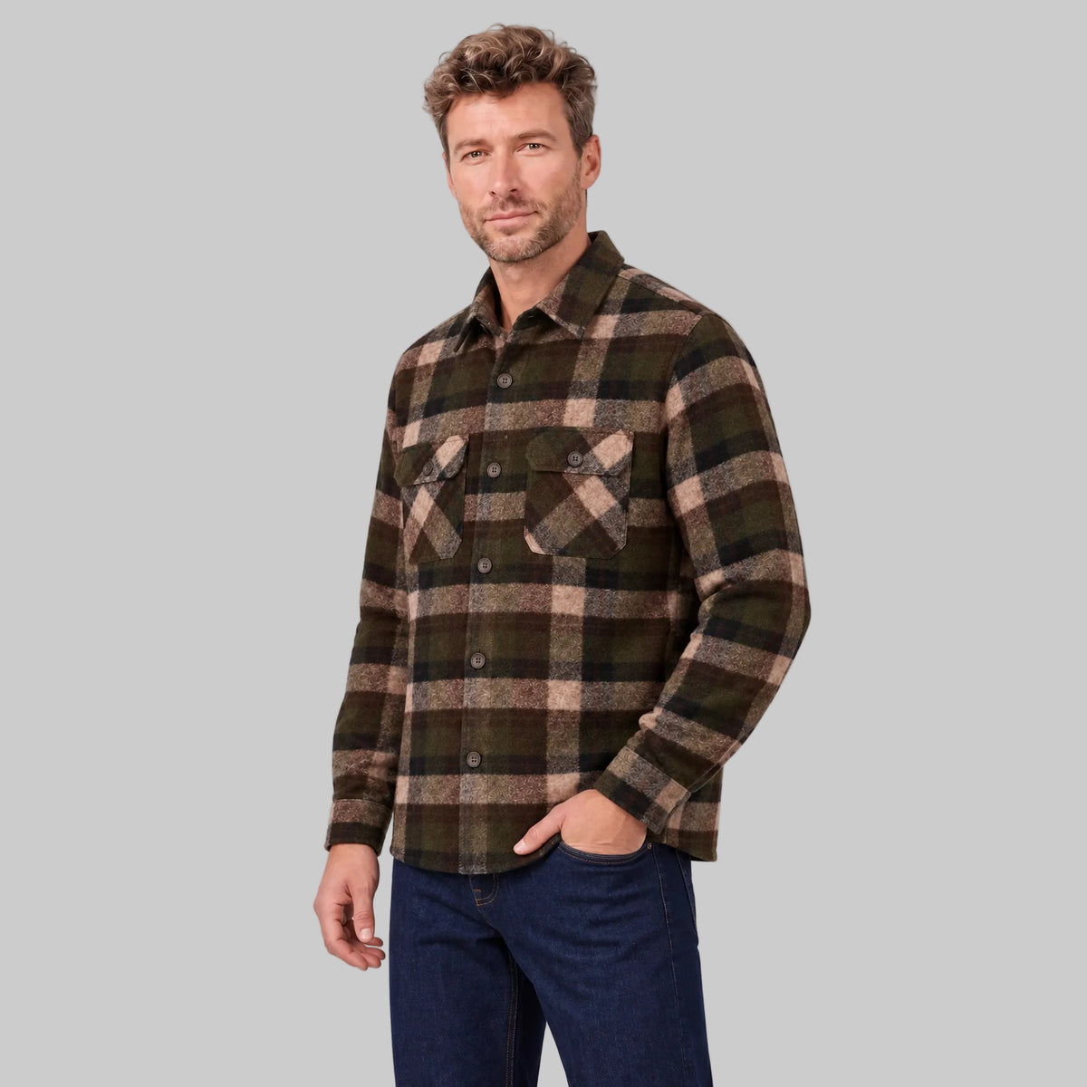 Giordano Taranto Brushed Check Overshirt in Brown &amp; Green 627506