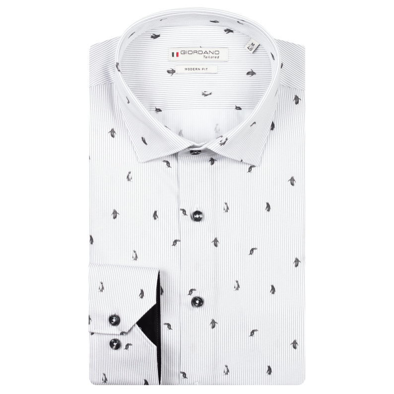 Giordano white striped dress shirt with a Penguin print pattern 