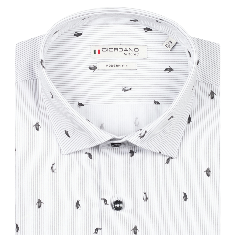 Giordano white striped dress shirt with a Penguin print pattern close up