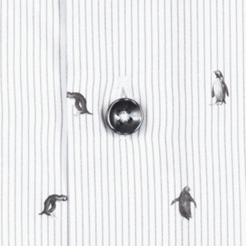 Giordano white striped dress shirt with a Penguin print pattern metalic buttons