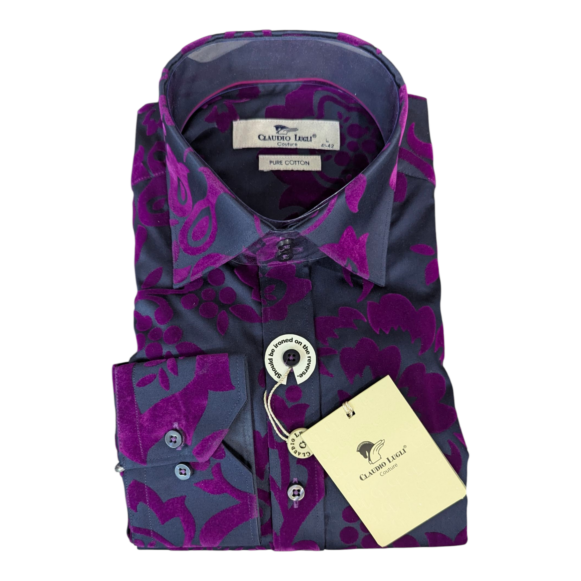 Folded purple and gray patterned shirt with a brand tag on a white background