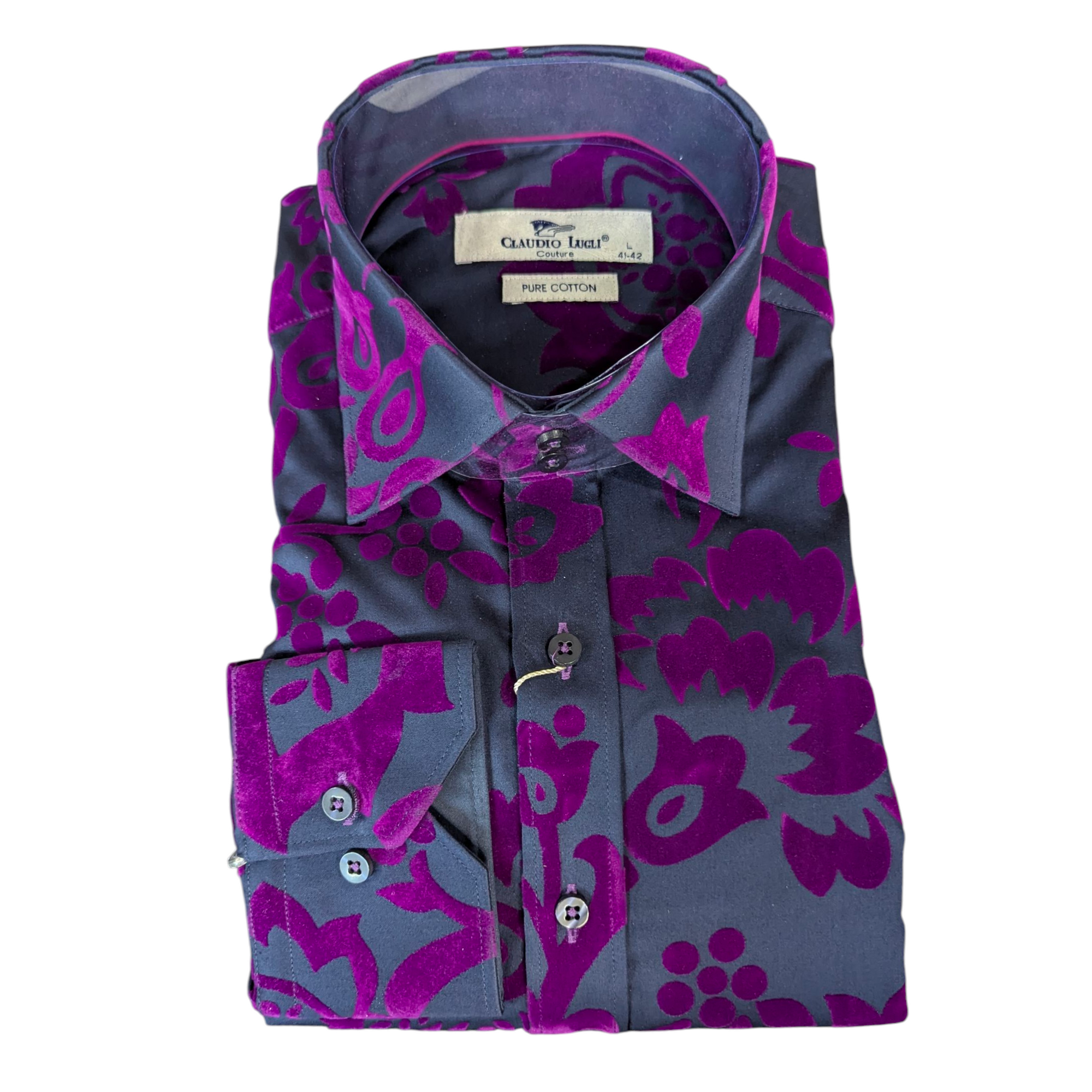 Floral patterned shirt with purple and gray design on a white background