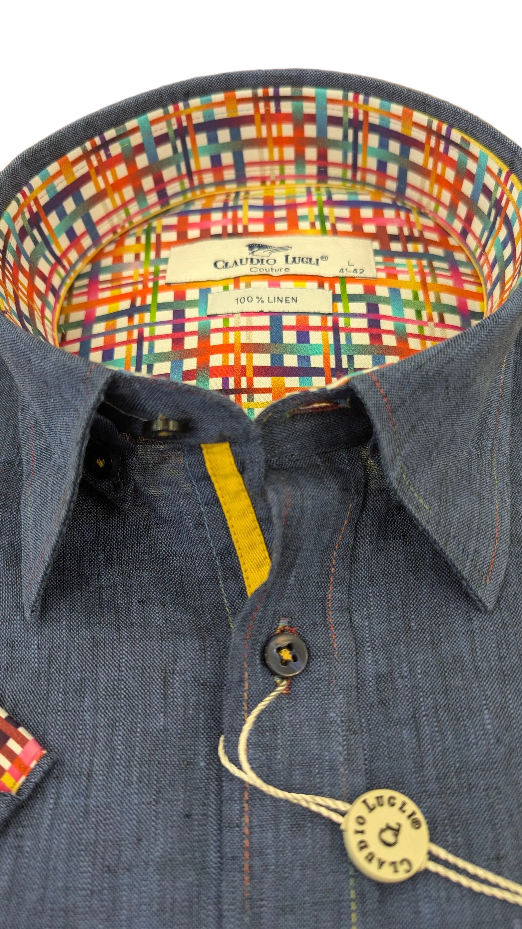 Claudio Lugli Linen Short Sleeved Shirt with Multicolour Trim in Indigo CP6401