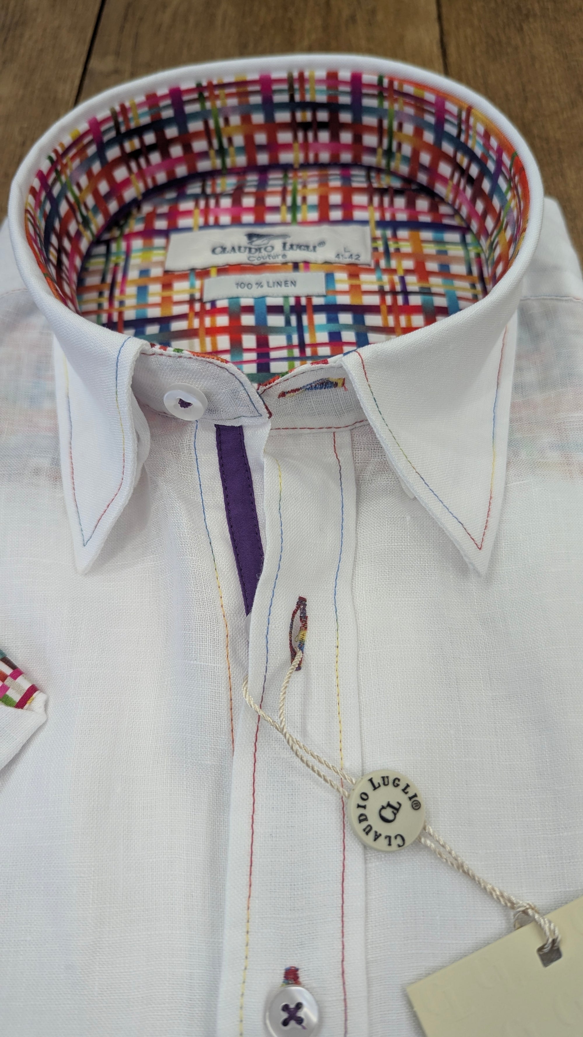 Claudio Lugli Linen Short Sleeved Shirt with Multicolour Trim in White CP6401