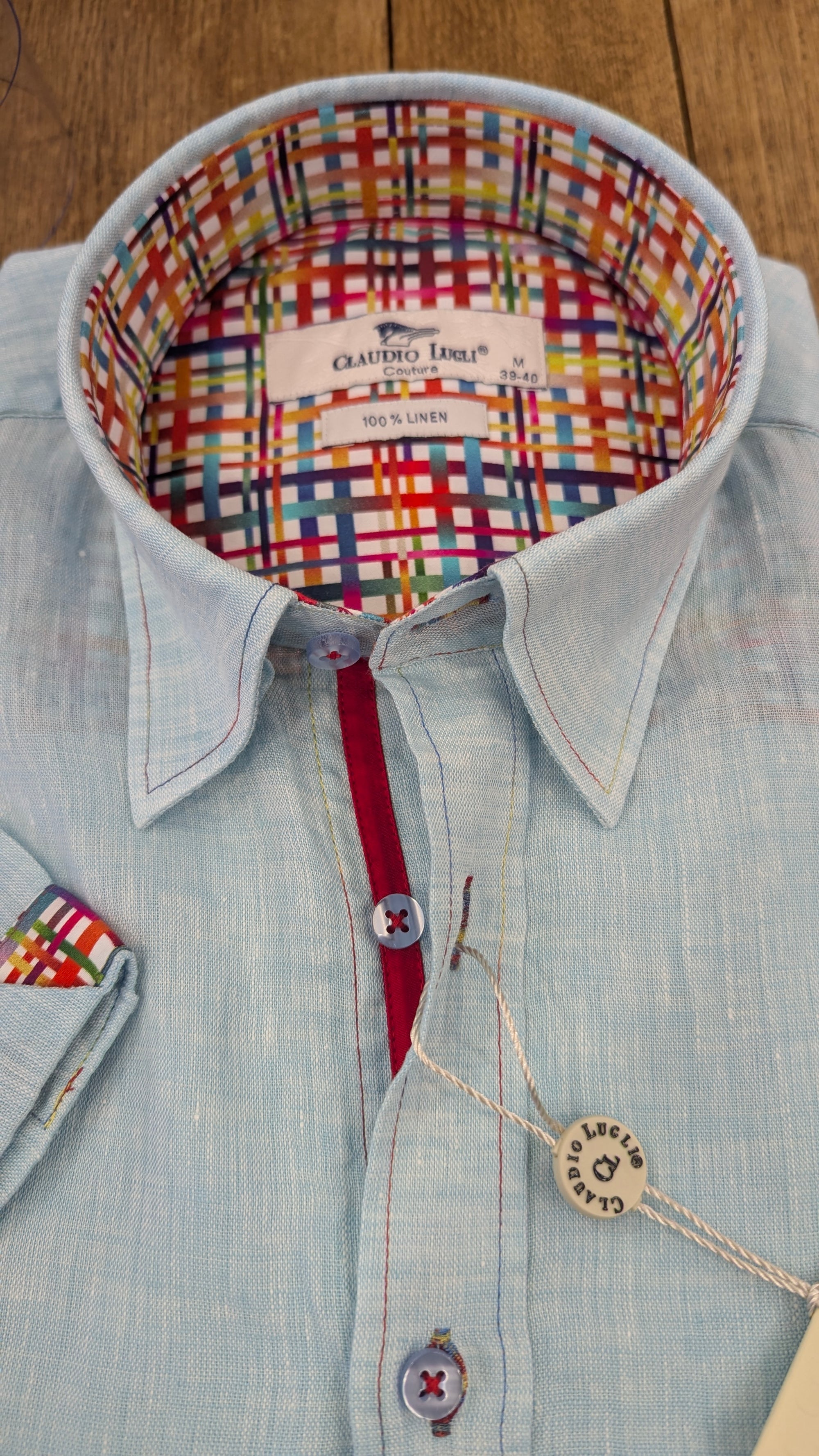Claudio Lugli Linen Short Sleeved Shirt with Multicolour Trim in Mint CP6401