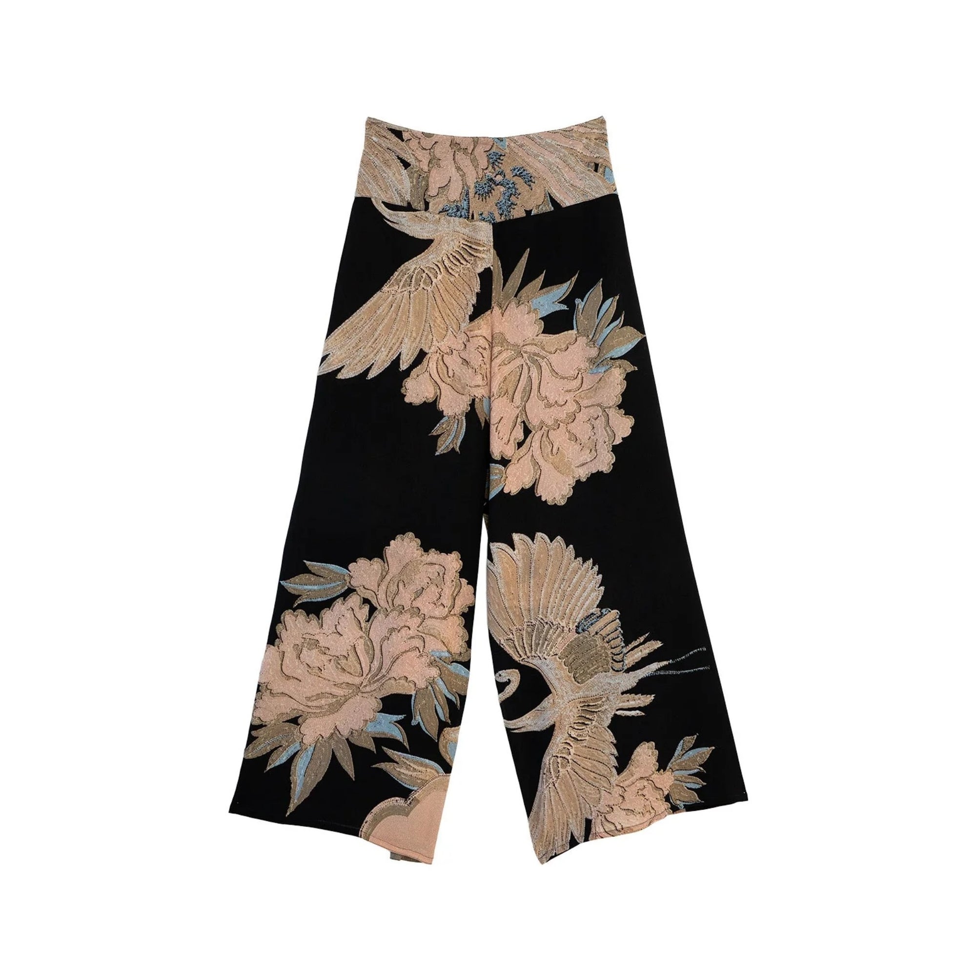 Black pants with floral and bird embroidery on a white background
