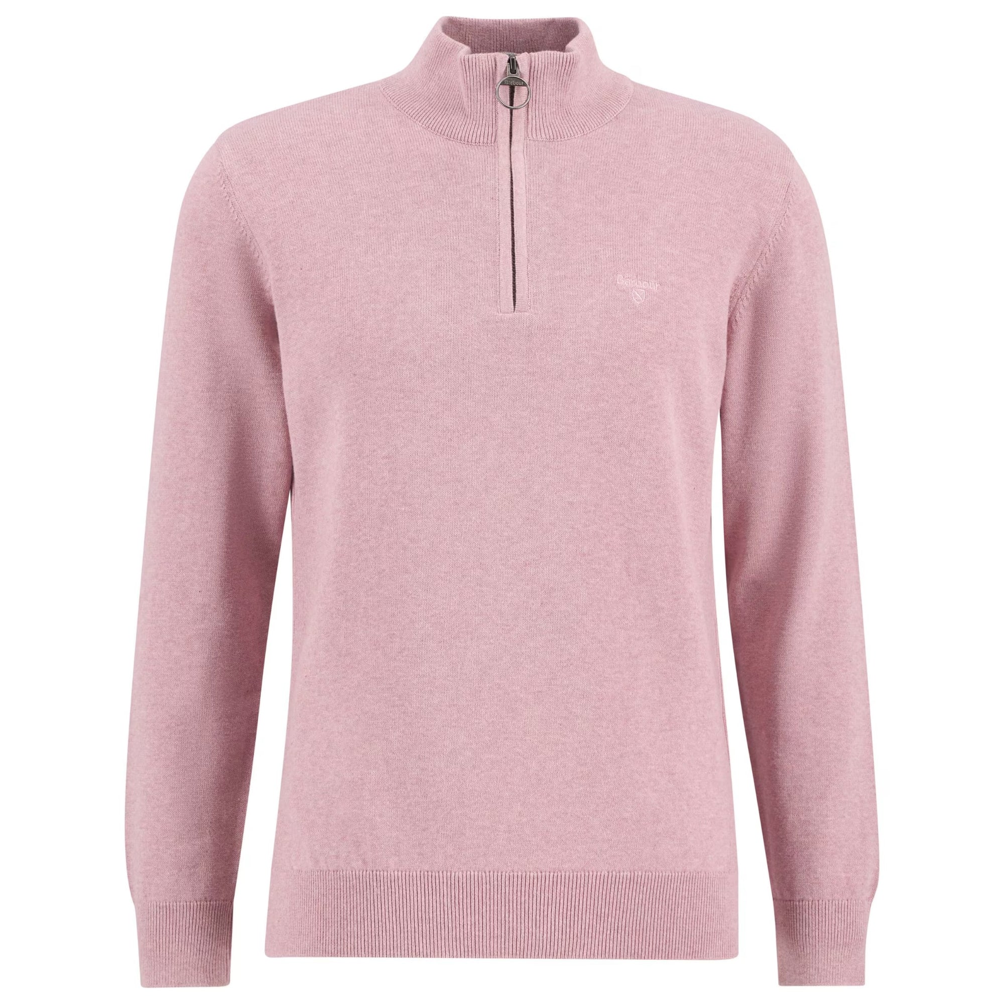 Pink half-zip sweater on a white background