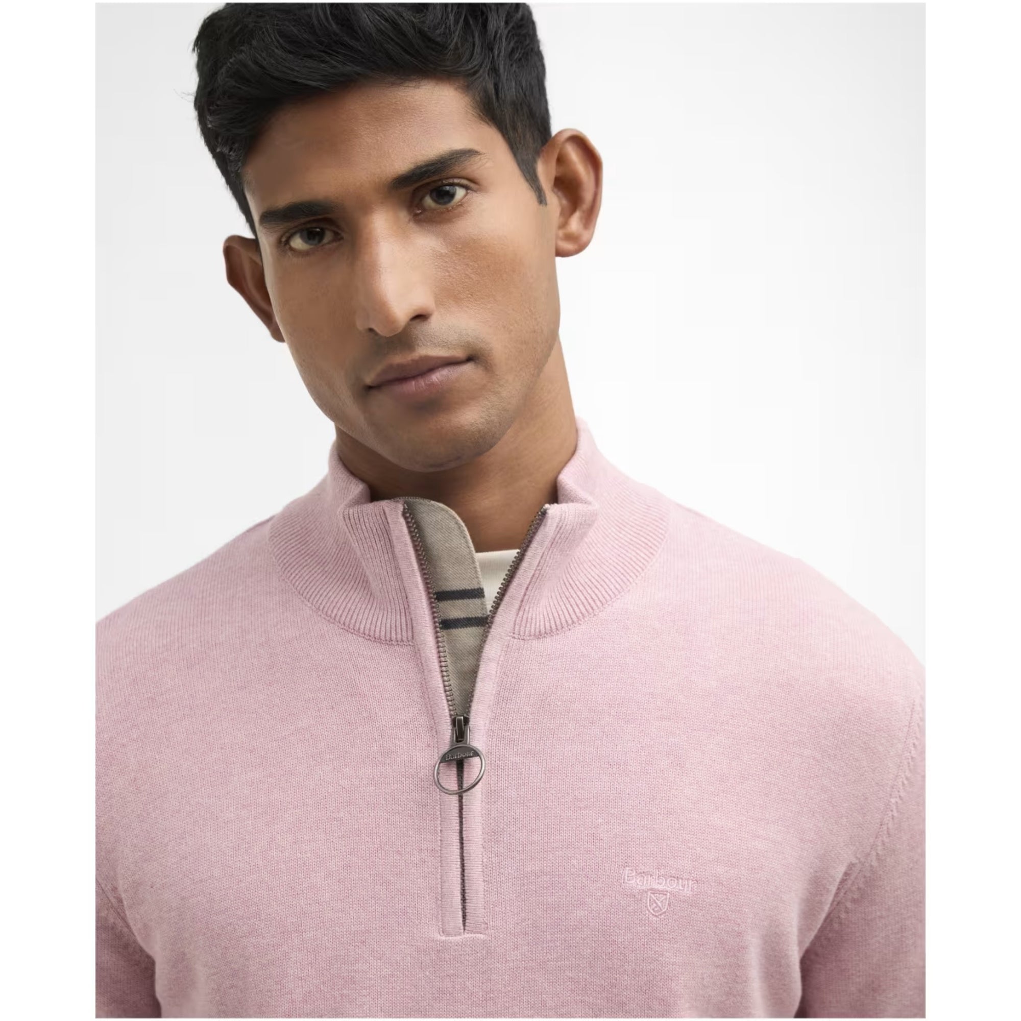 Man wearing a pink sweater with a white background