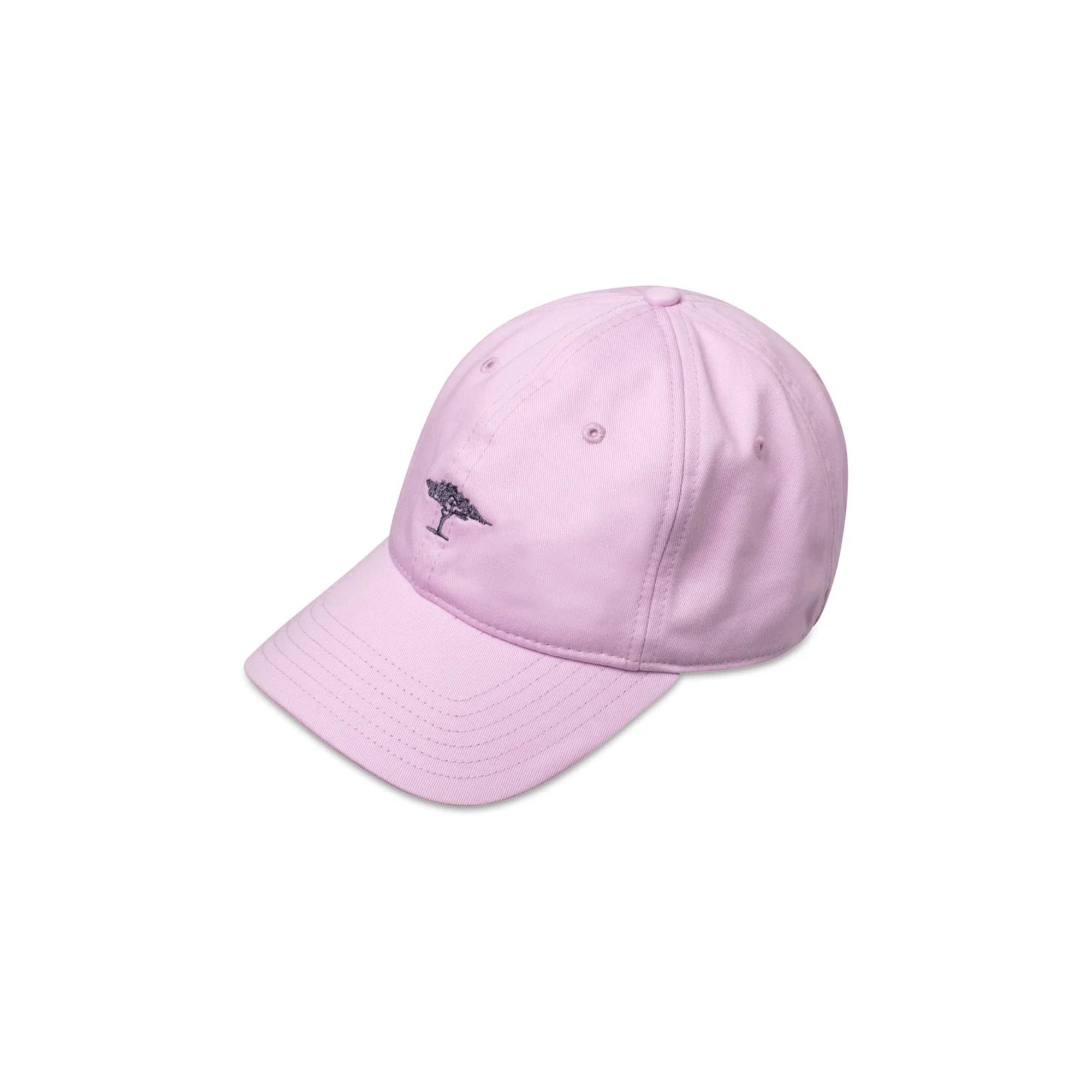 Pink baseball cap with a small logo on a white background