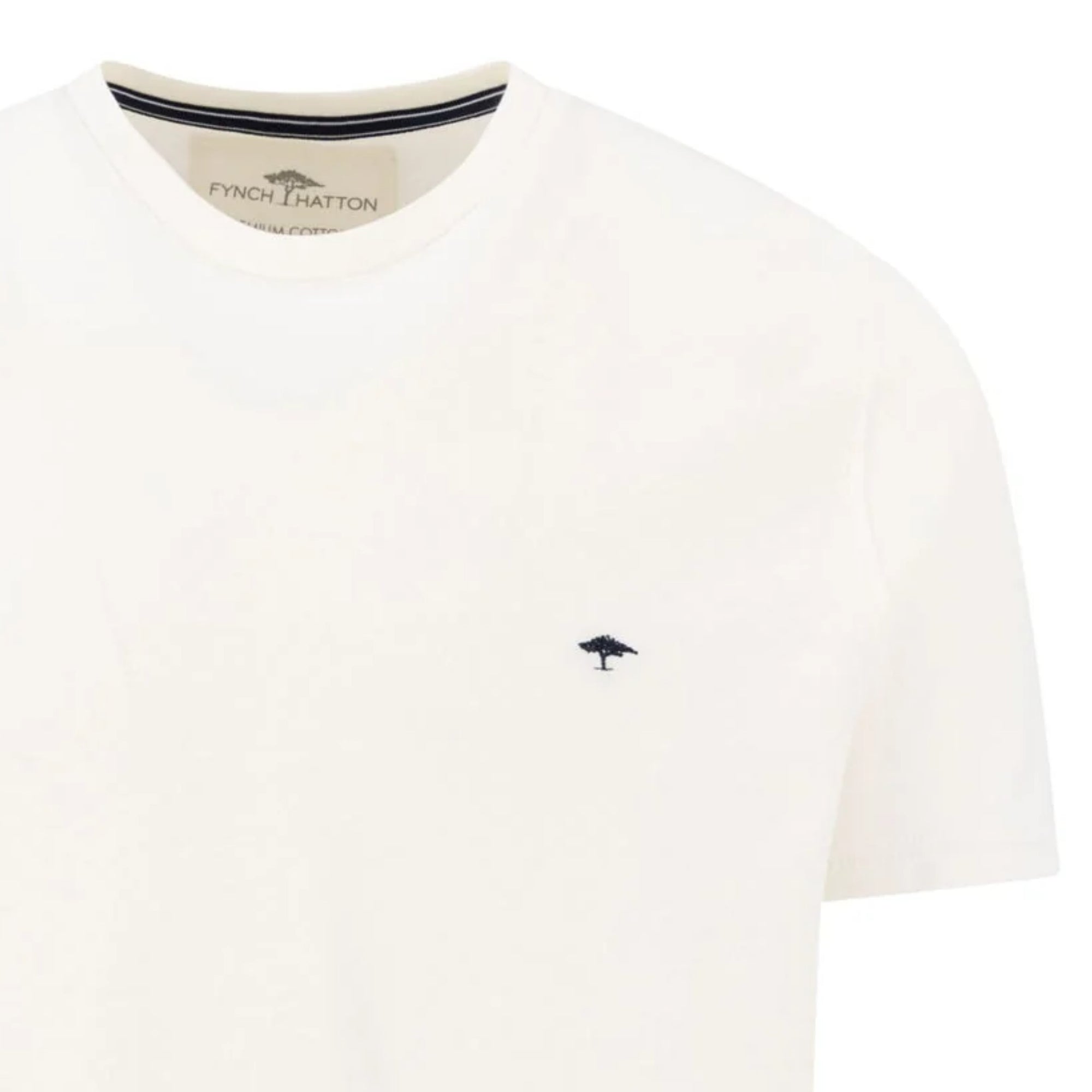 White t-shirt with a small black logo on a white background