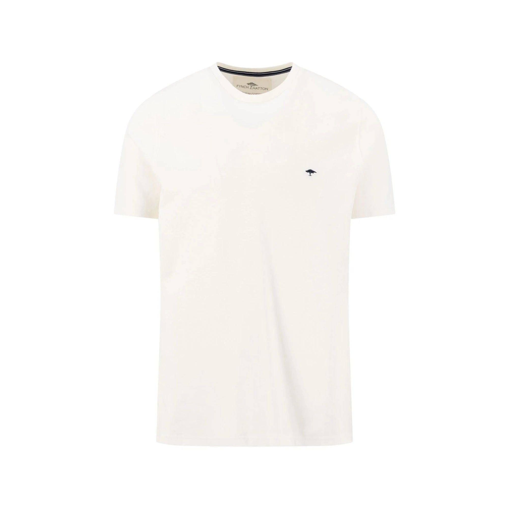 White t-shirt with a small black logo on a white background