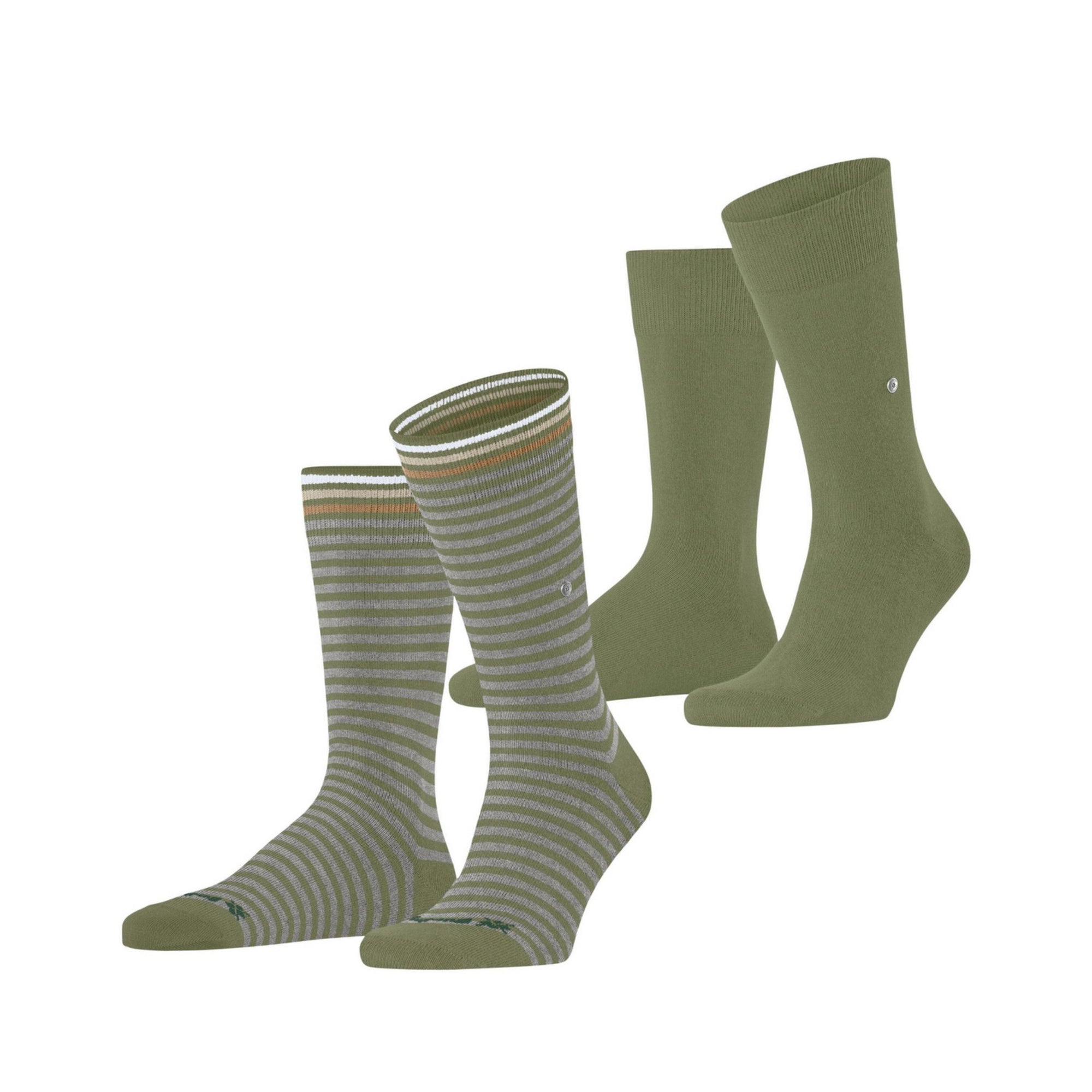 Two pairs of green socks with different patterns on a white background
