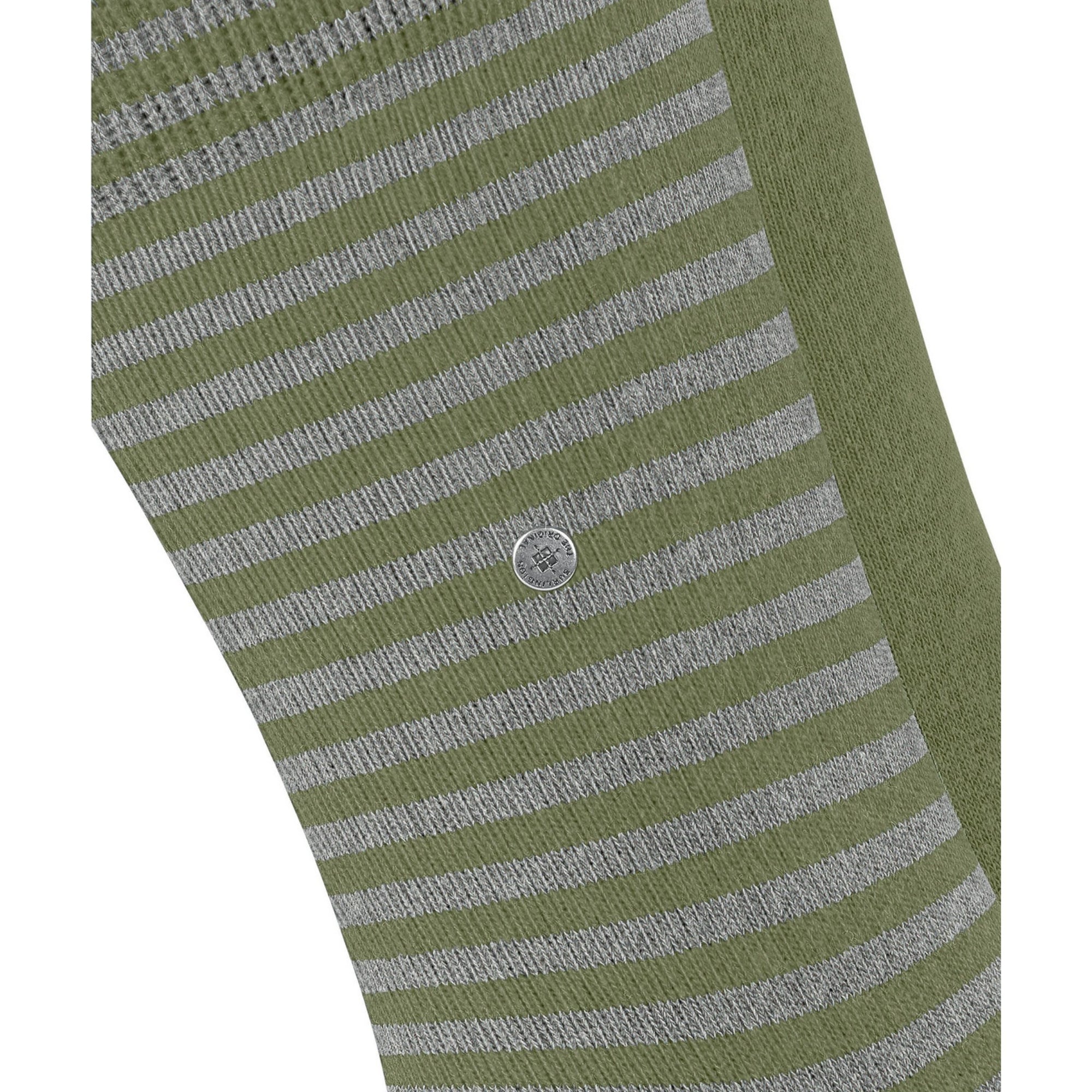 Green and gray striped fabric with a button on a white background