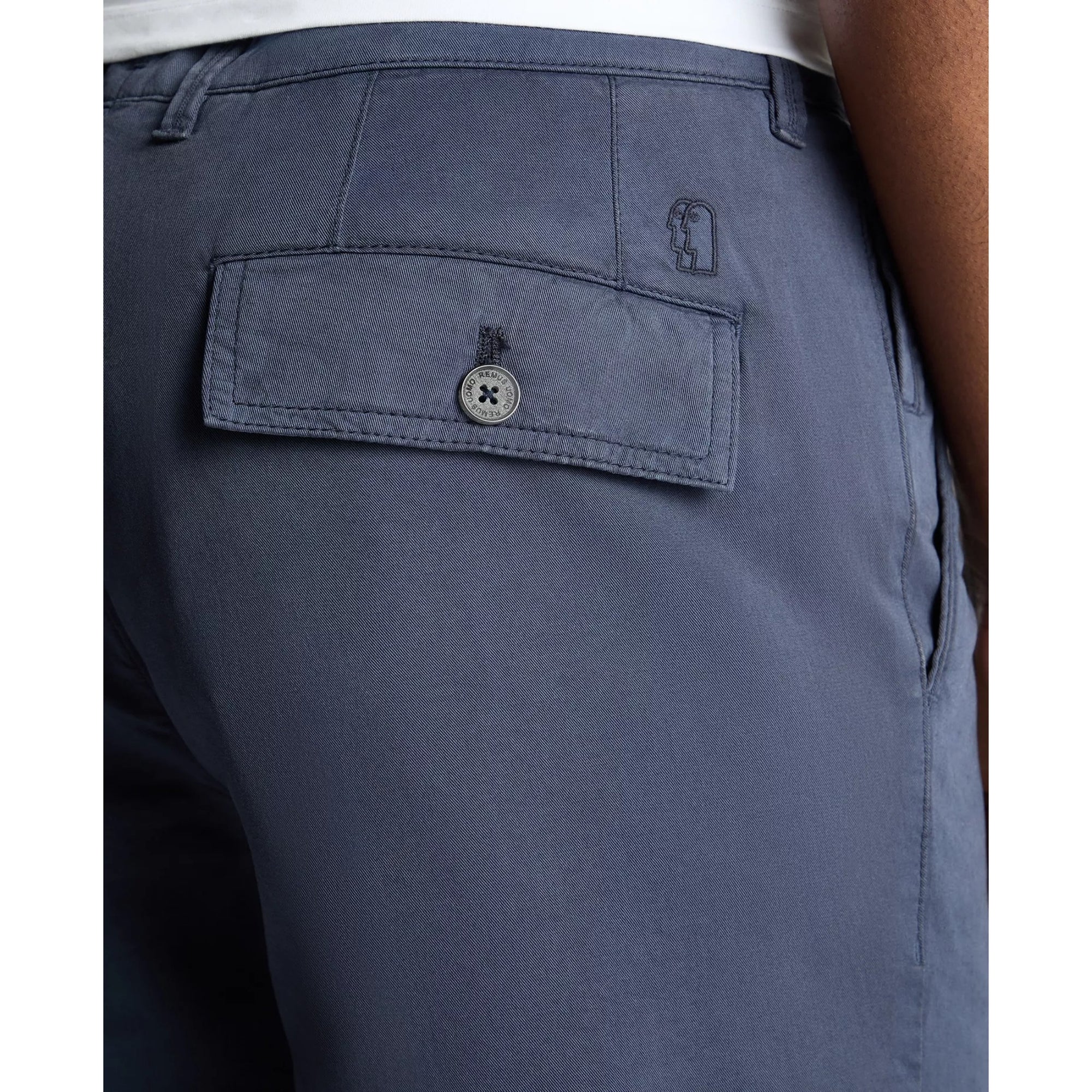 Navy blue pants with a pocket detail on a white background