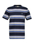 Navy and blue striped t-shirt on a white background
