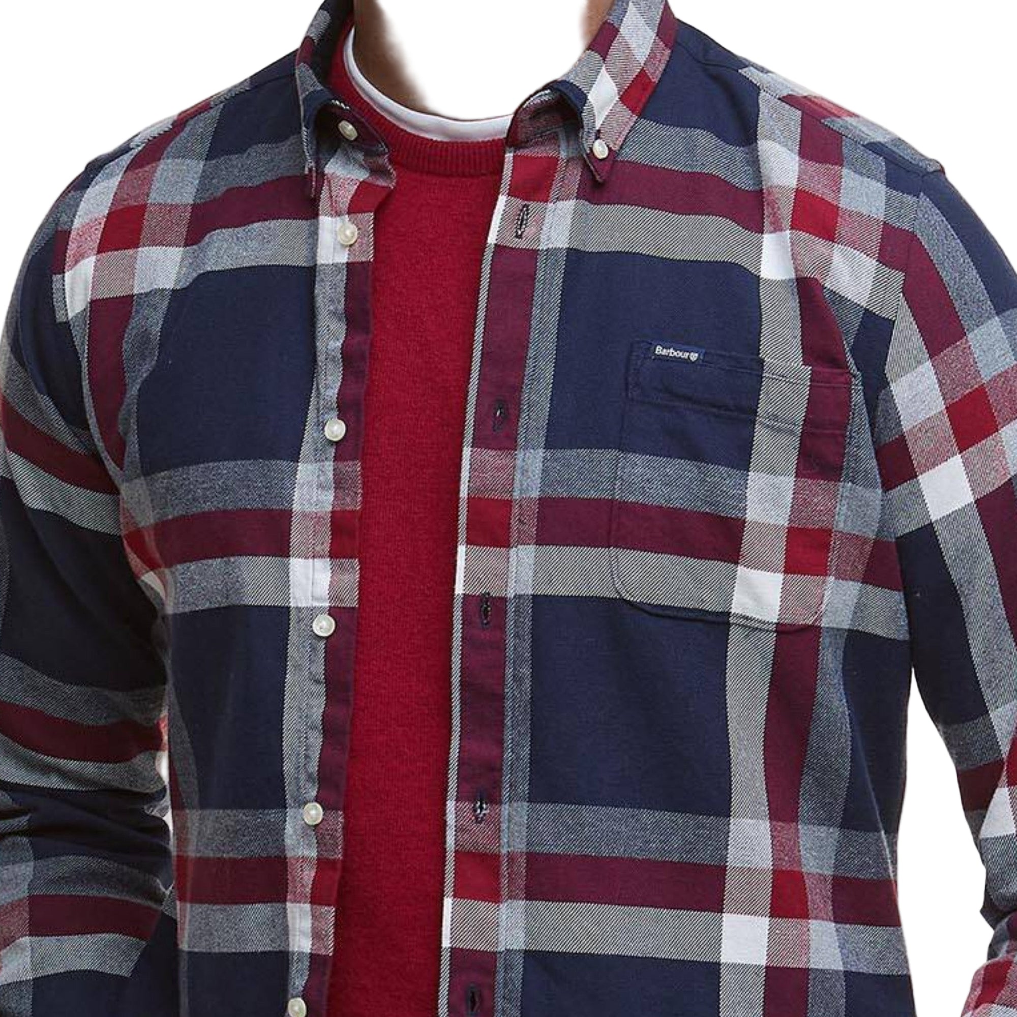 Plaid shirt with red and blue pattern on a white background