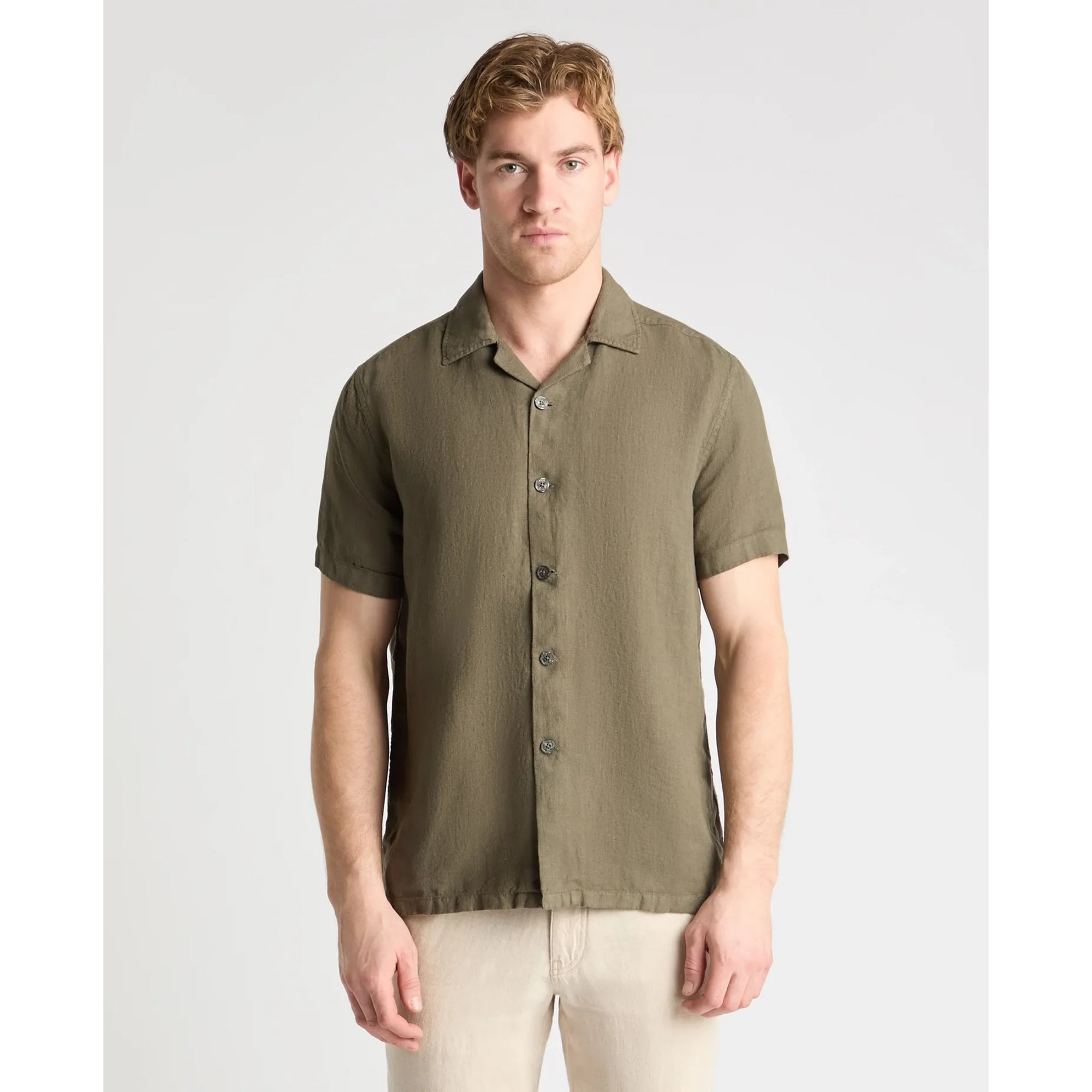Man wearing a green button-up shirt against a white background