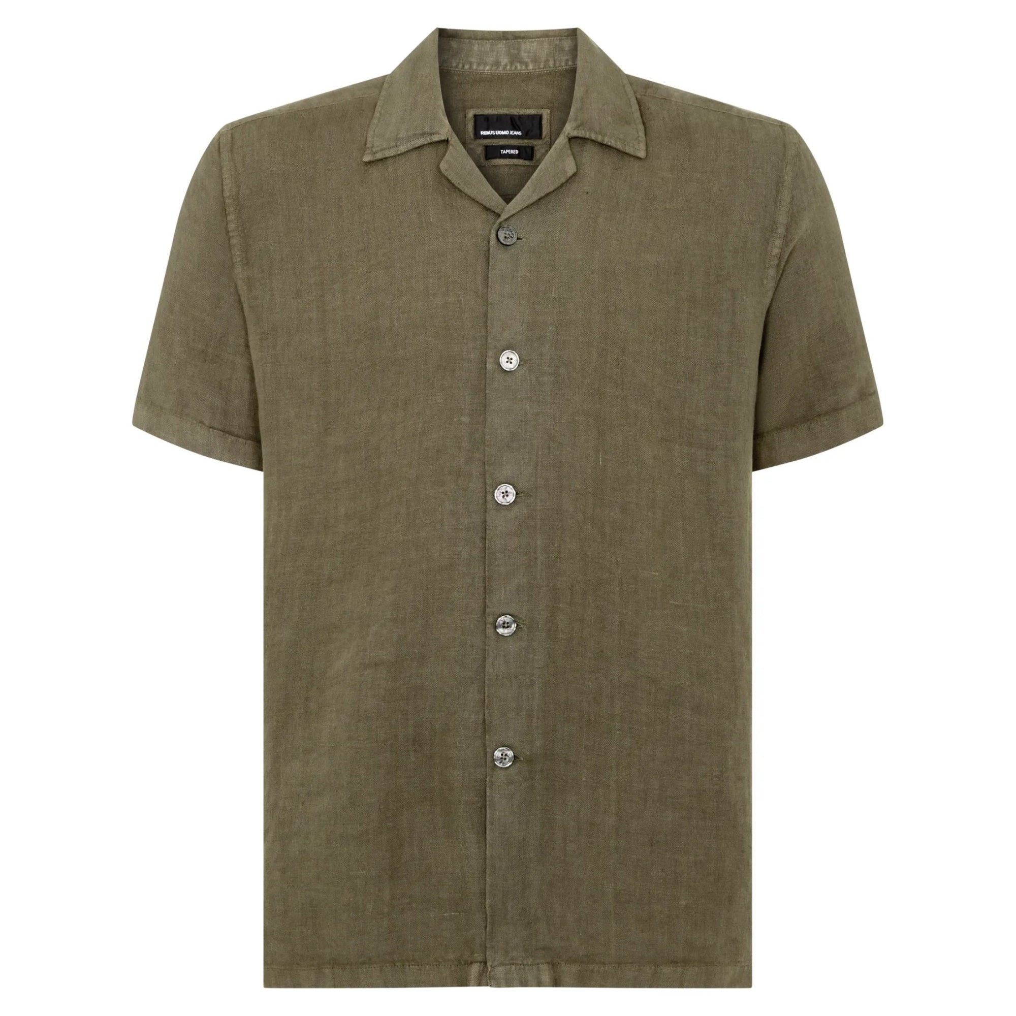 Green short-sleeve shirt with buttons on a white background