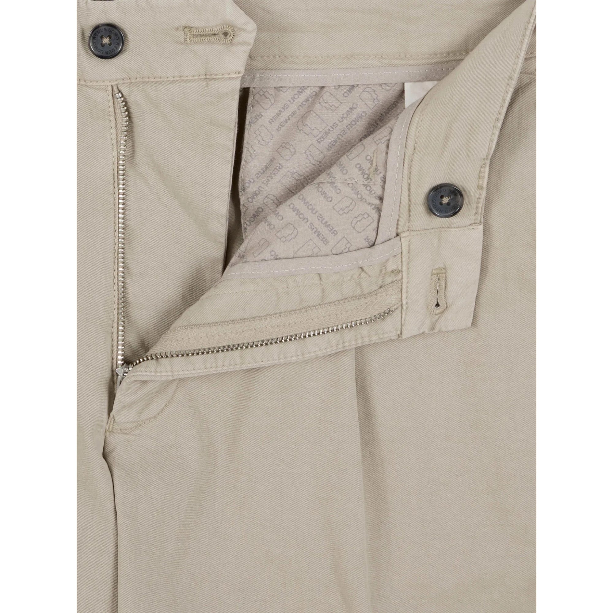 Close-up of beige pants with a zipper and button details on a white background