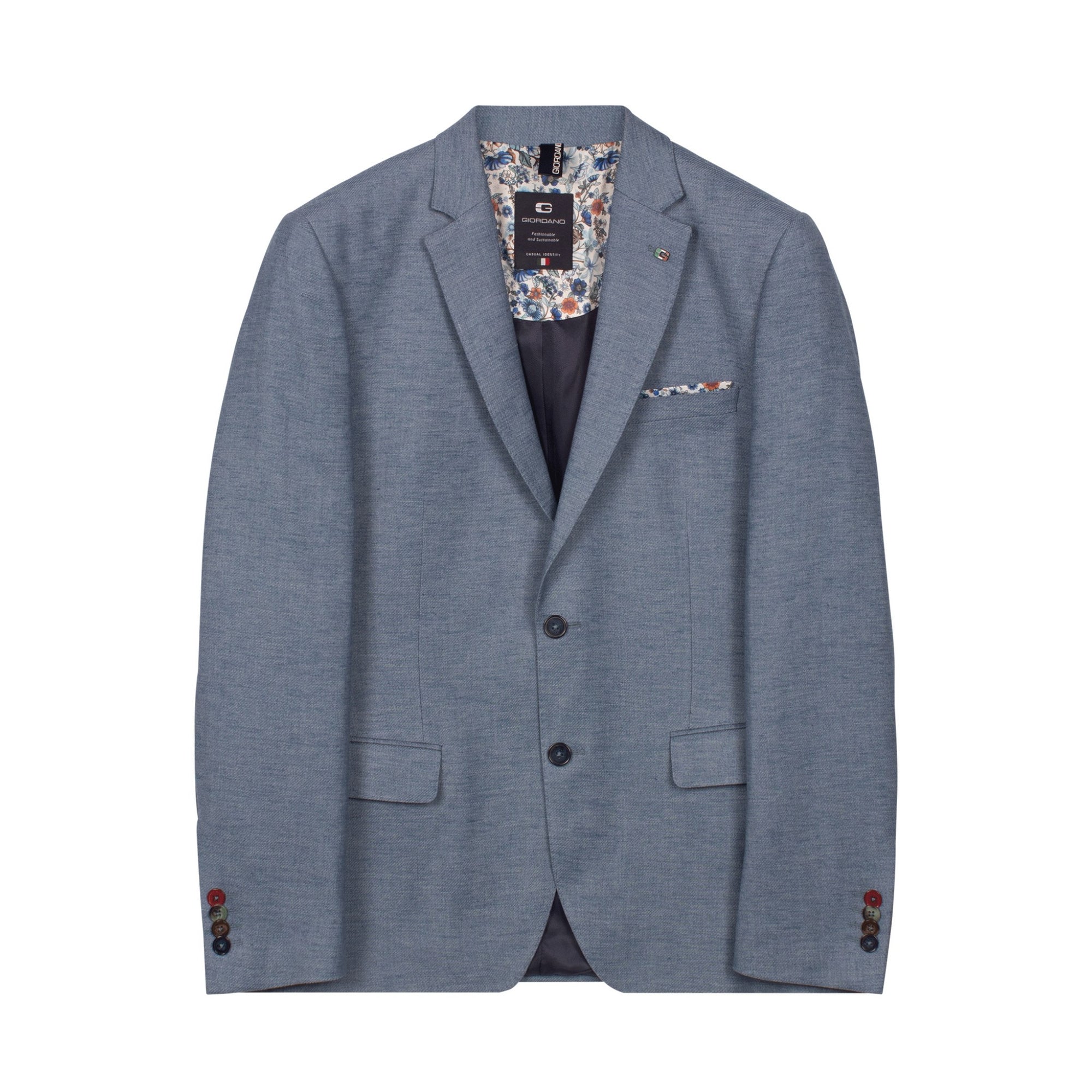 Blue blazer with floral lining on a white background