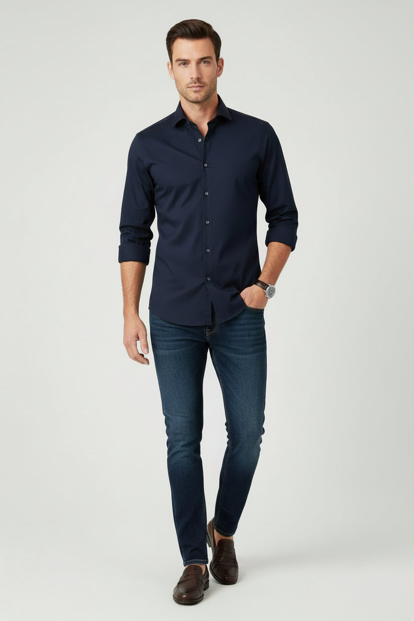Roy Robson Slim Fit Bi-Stretch Jersey Shirt in Midnight Blue