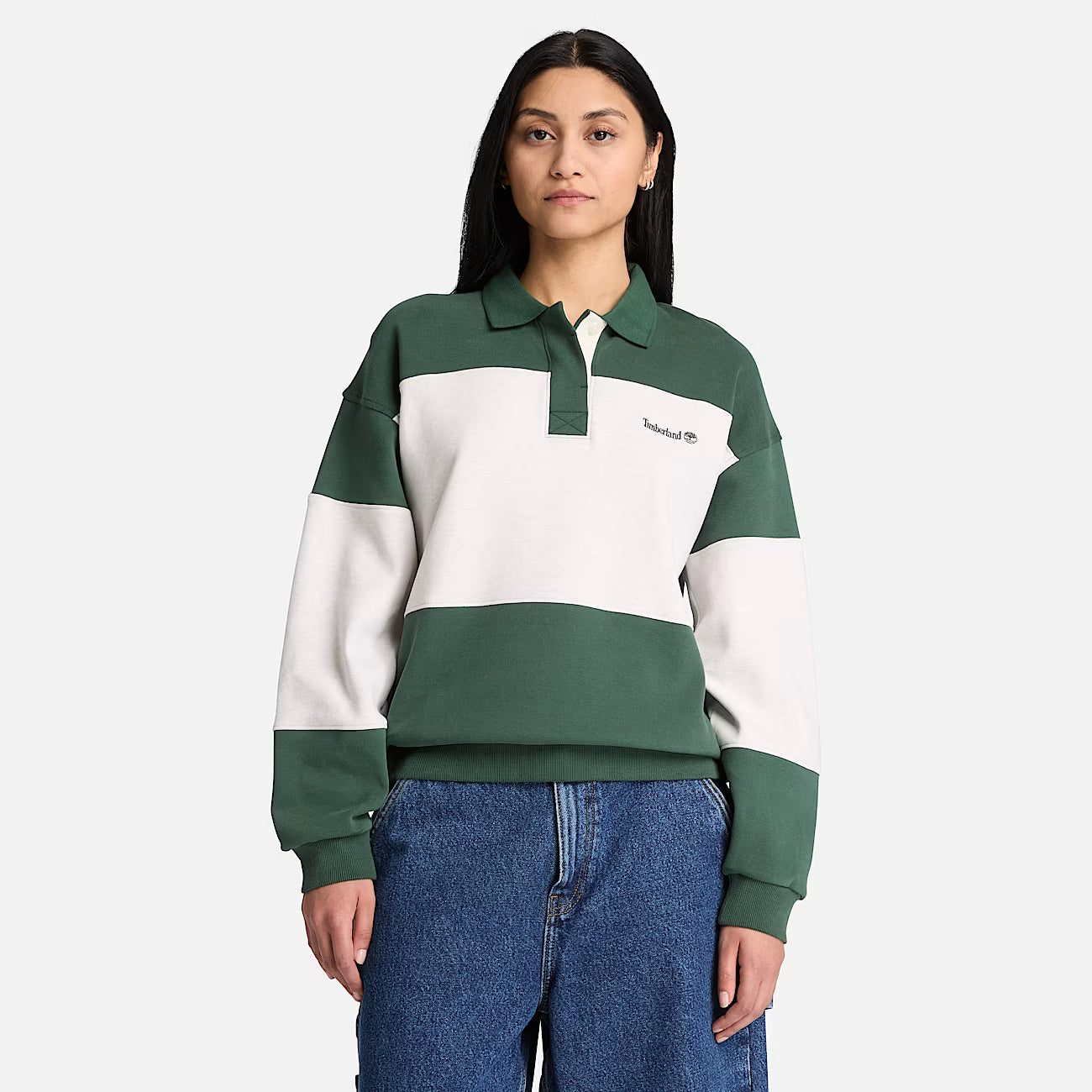 Timberland Rugby Polo Sweatshirt in Dark Green/Light Beige