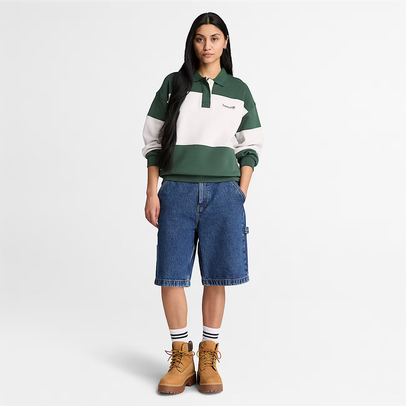 Timberland Rugby Polo Sweatshirt in Dark Green/Light Beige