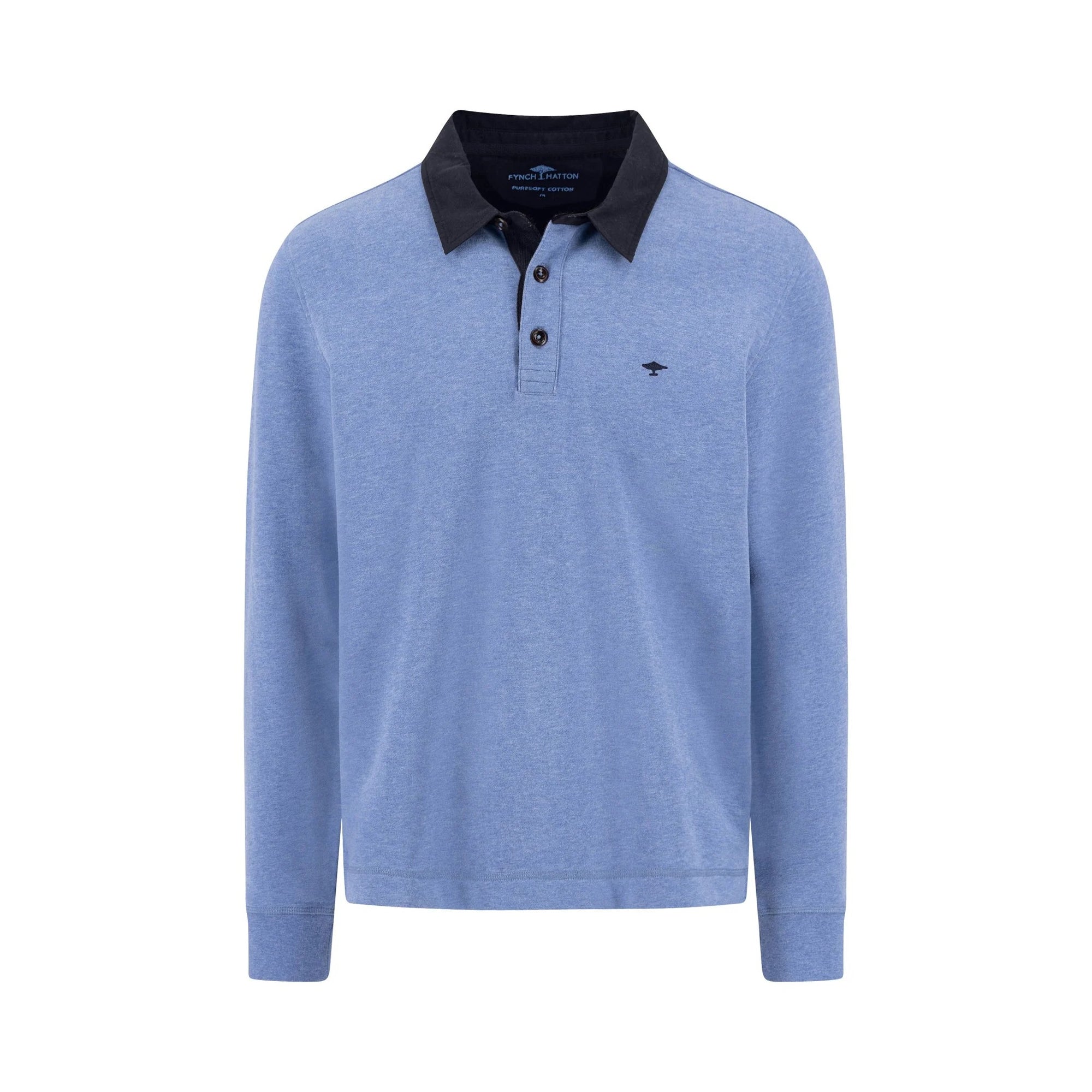 Blue long-sleeve polo shirt with black collar on a white background