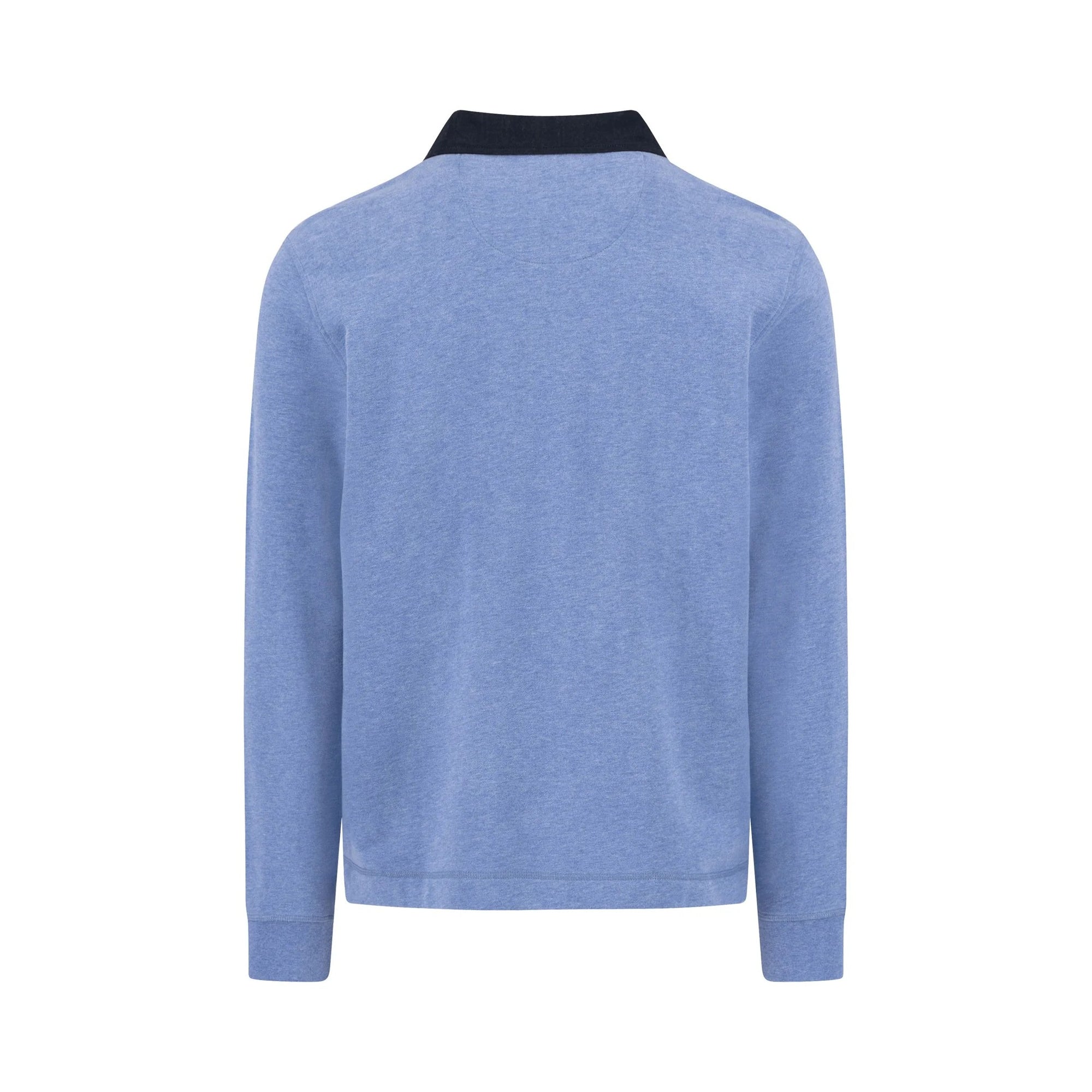 Blue sweater with black collar on a white background