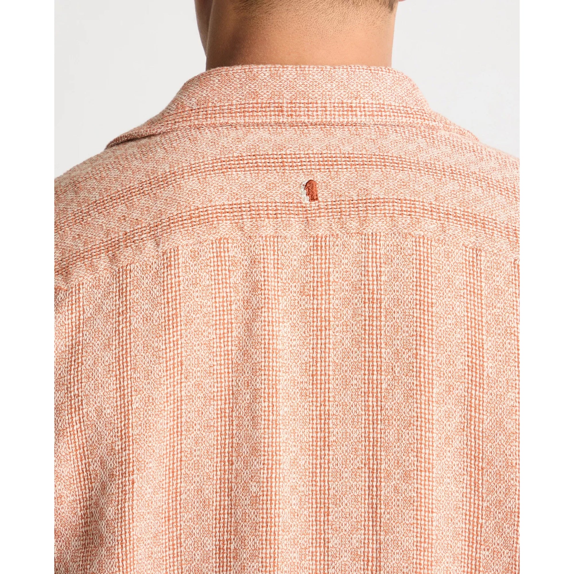 Close-up of a patterned shirt worn by a person on a white background