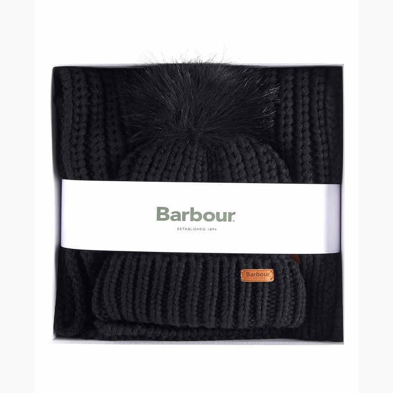 Barbour Saltburn Beanie &amp; Scarf Gift Set in Pearl &amp; Black