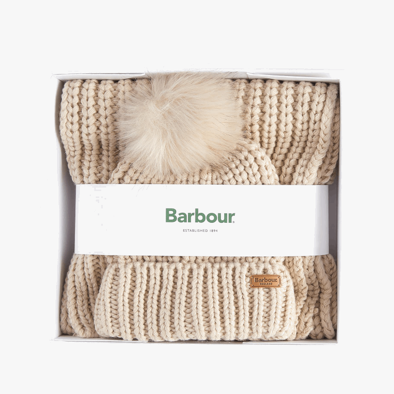 Barbour Saltburn Beanie & Scarf Gift Set in Pearl & Black