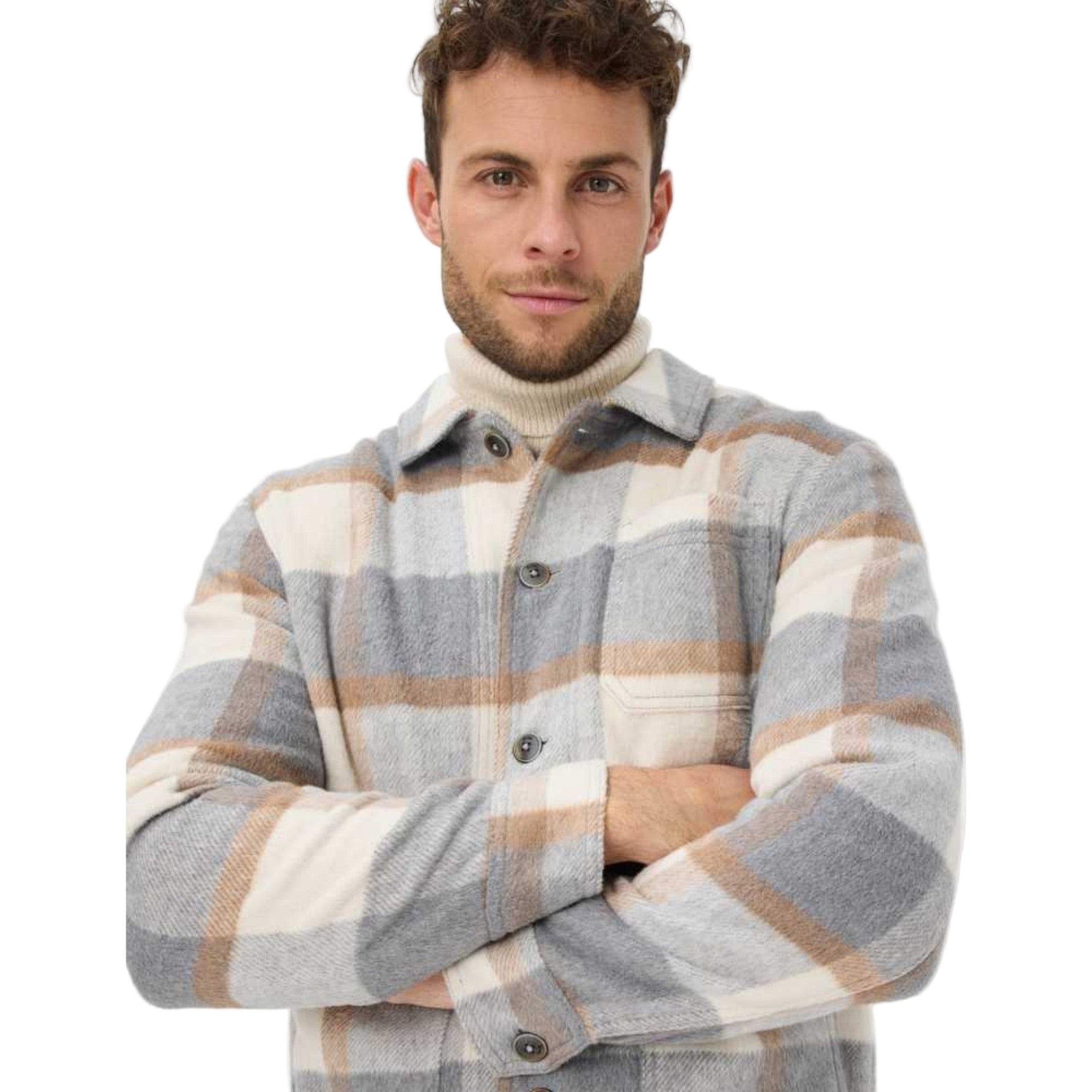 Man wearing a plaid shirt with a neutral background