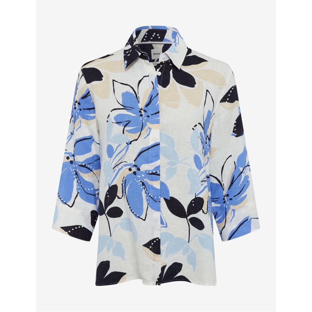 Brax Pure Linen Floral Print Blouse Vicki 41-7648 in Sapphire Blue