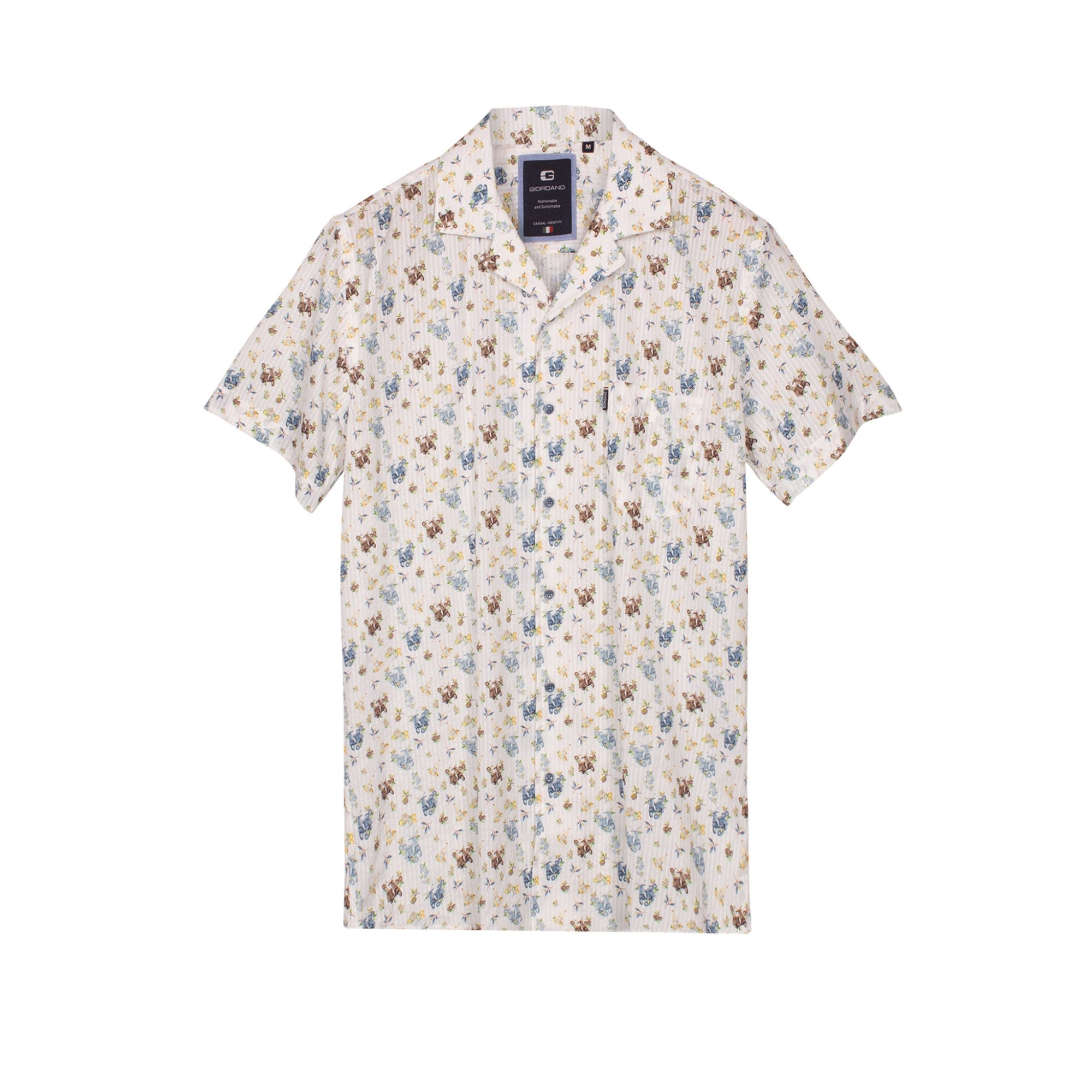 Floral and moped patterned shirt on a white background