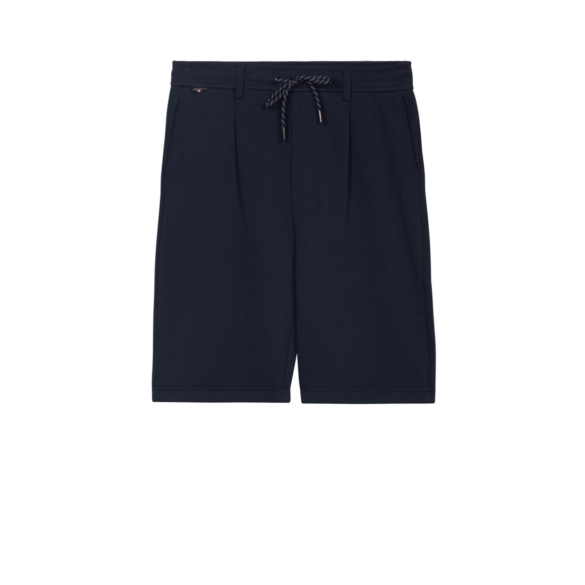 Navy shorts with a drawstring on a white background