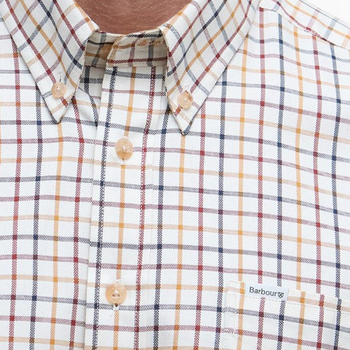 Man wearing a Barbour plaid shirt and brown pants on a white background logo