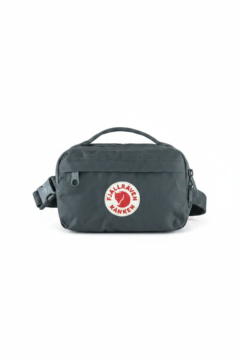 Gray waist bag with a logo on a white background