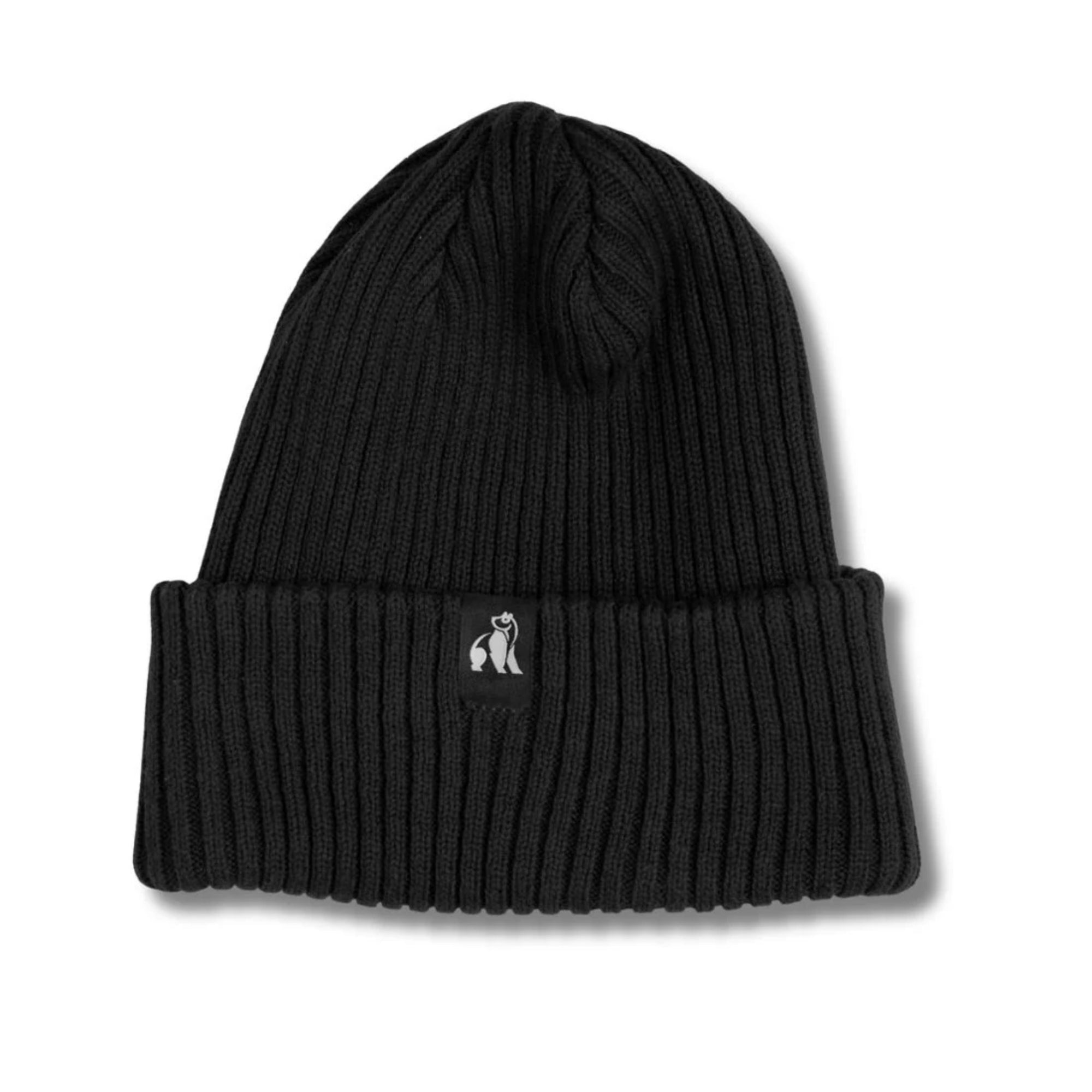 Black beanie with a small white logo on a white background
